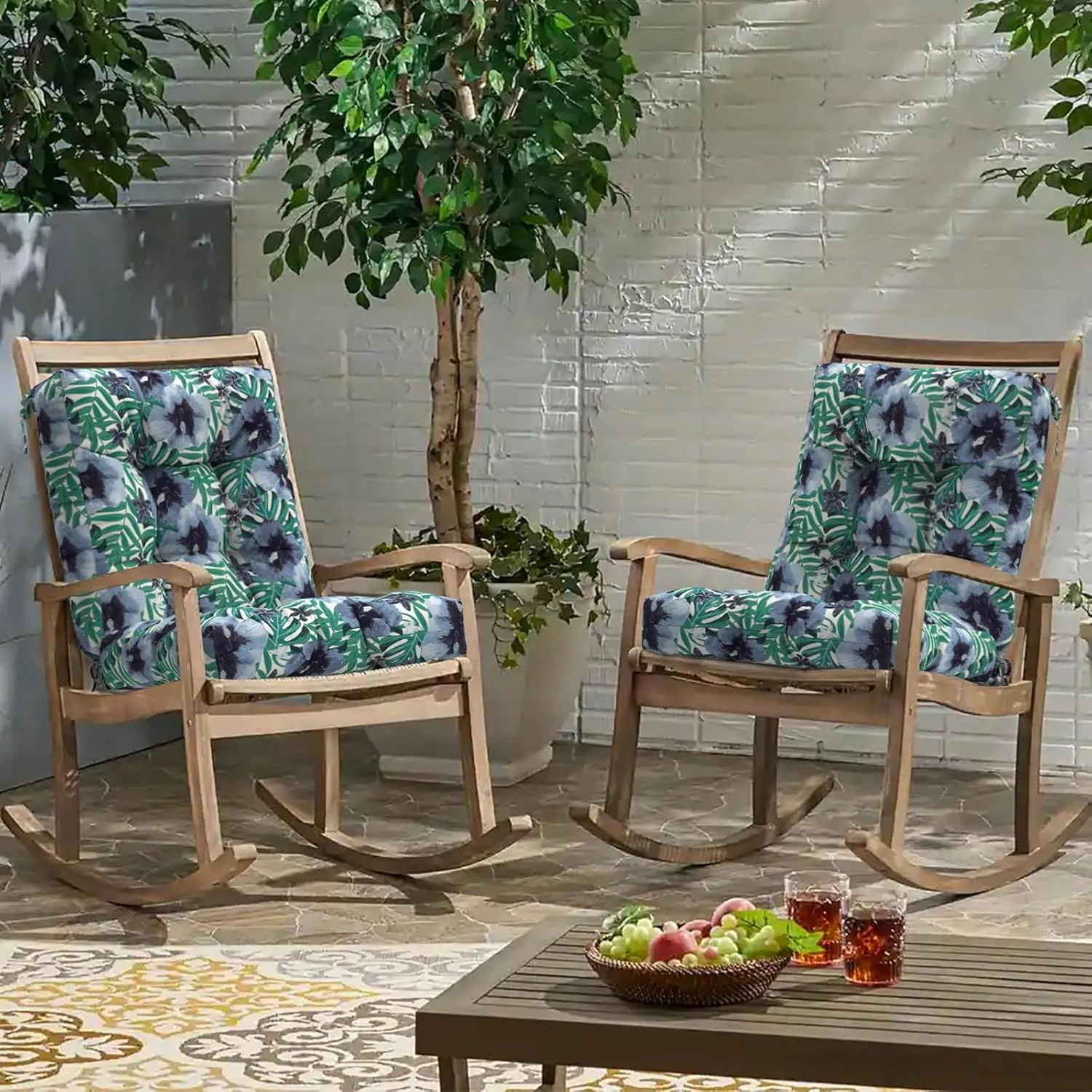 Outdoor Chair Cushions, Tufted Back Patio Furniture Cushions Set of 2, Water Repellent Wicker High Back Chair Cushion for Home Garden Lounge Deep Chairs,42x21x4, Blue Salmone Tropical