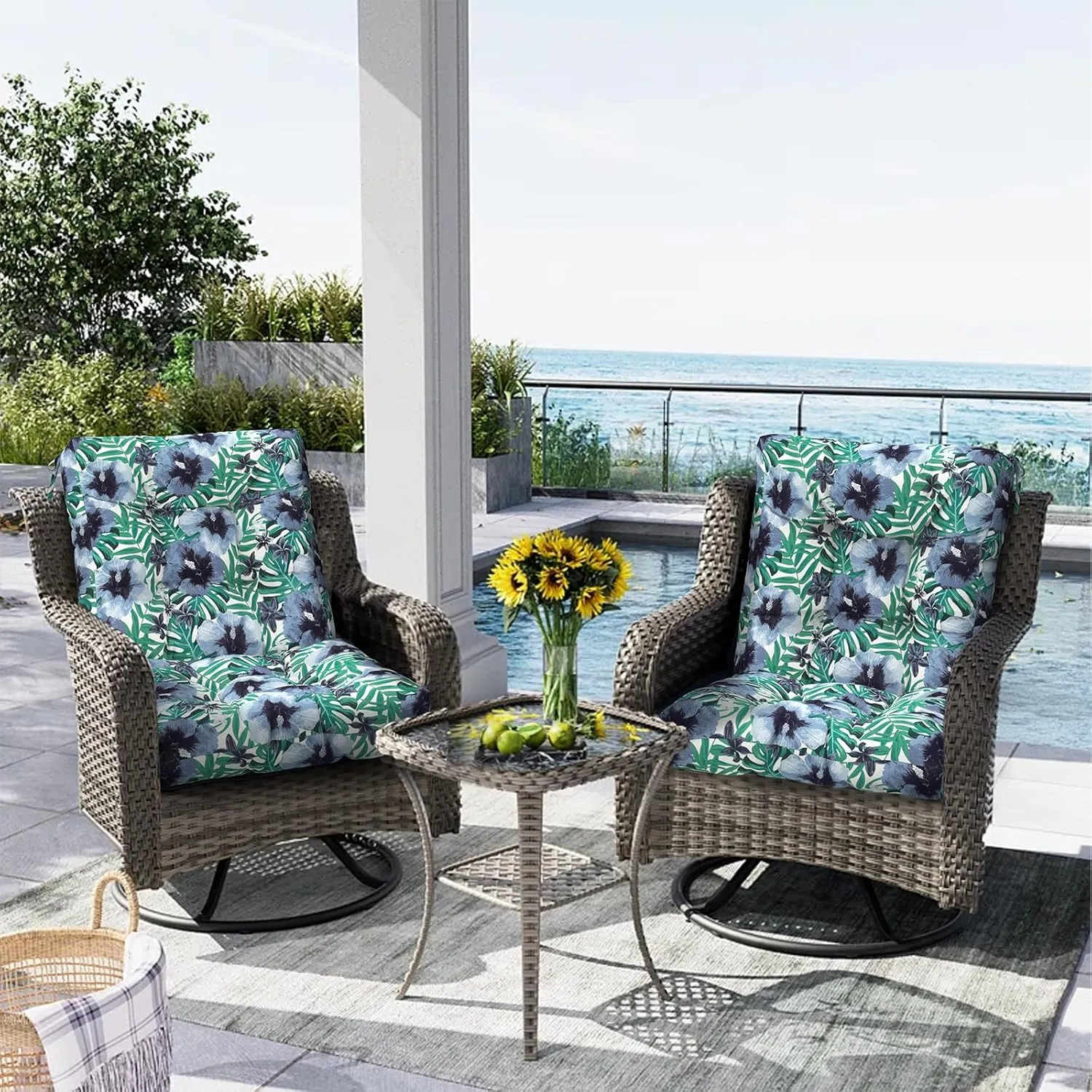 Outdoor Chair Cushions, Tufted Back Patio Furniture Cushions Set of 2, Water Repellent Wicker High Back Chair Cushion for Home Garden Lounge Deep Chairs,42x21x4, Blue Salmone Tropical