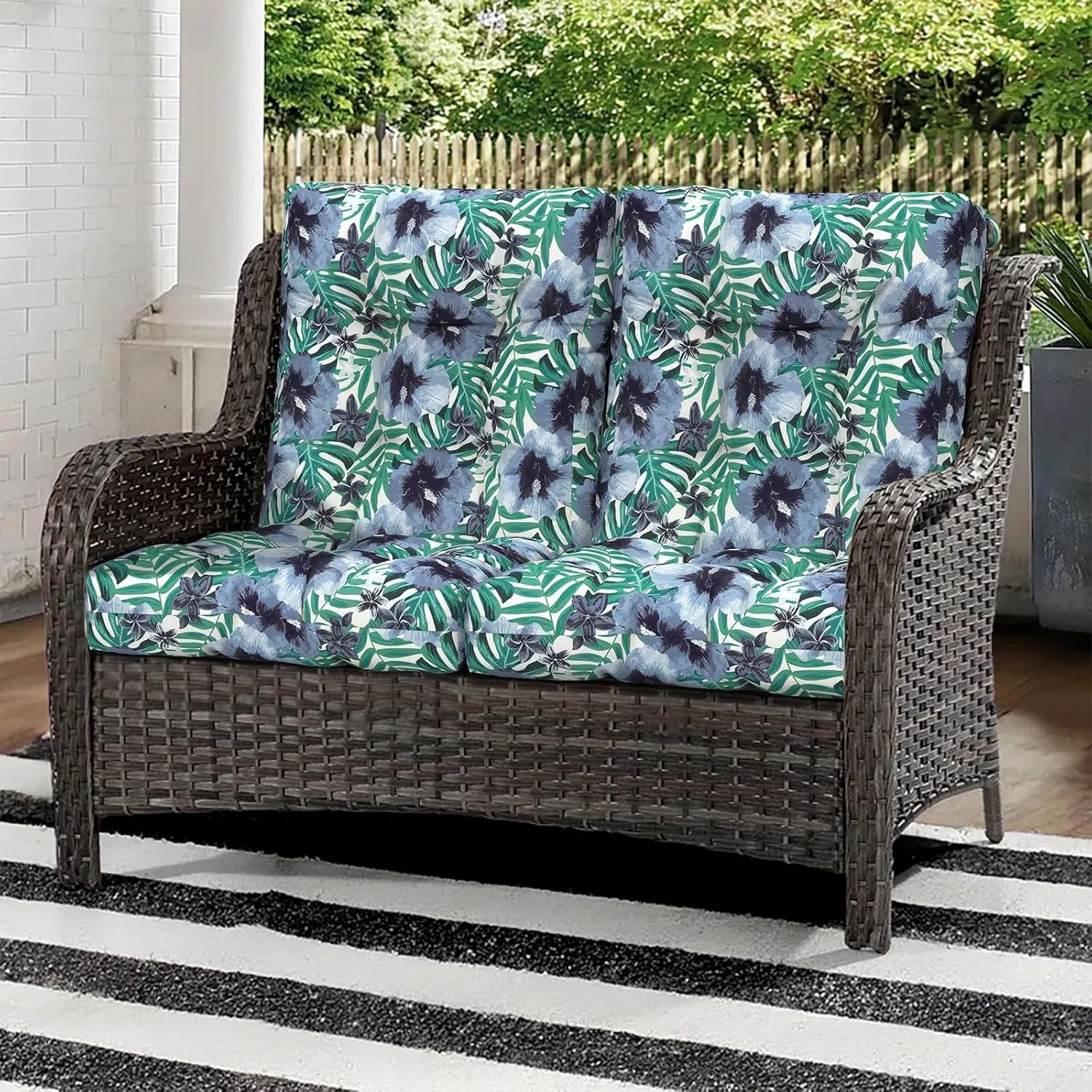 Outdoor Chair Cushions, Tufted Back Patio Furniture Cushions Set of 2, Water Repellent Wicker High Back Chair Cushion for Home Garden Lounge Deep Chairs,42x21x4, Blue Salmone Tropical
