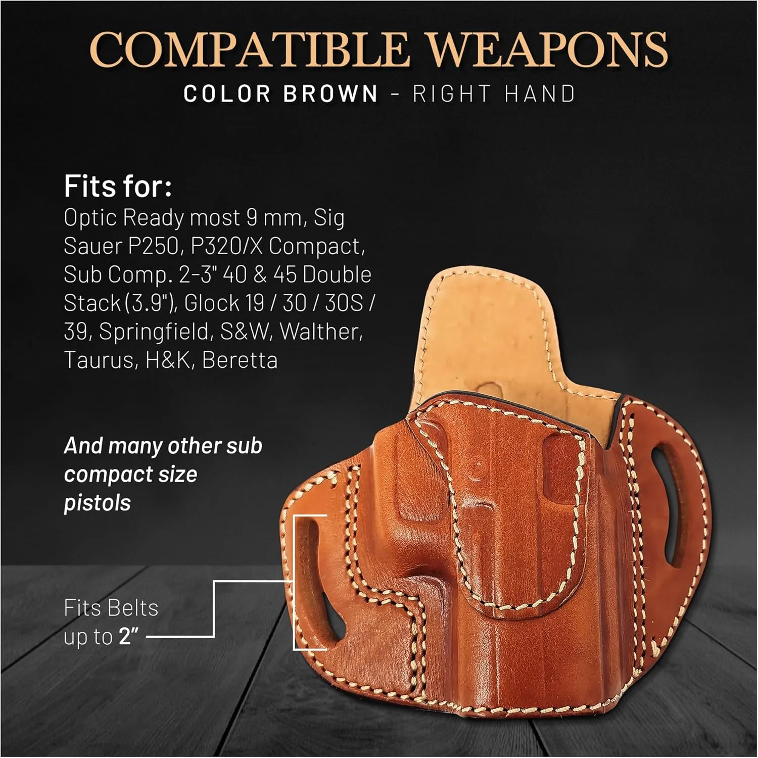 OWB Leather Holsters for Pistols Optic Ready Right Hand. Fits for Glock 19/30 / 30S / 39, Ruger, Springfield, S&W, Walther, Taurus, Beretta and Most 9mm Leather Gun Holsters