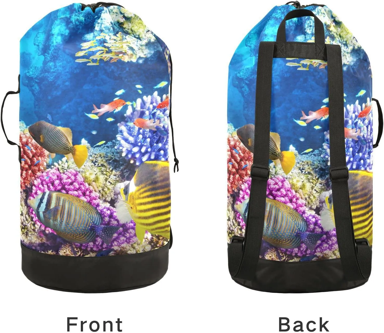 Oyihfvs Blue Underwater World with Corals and Tropical Fishes Backpack Laundry Bag, Laundry Backpack with Shoulder Straps, Waterproof Nylon Clothes Hamper Bag for Men Women Yoga Backpack