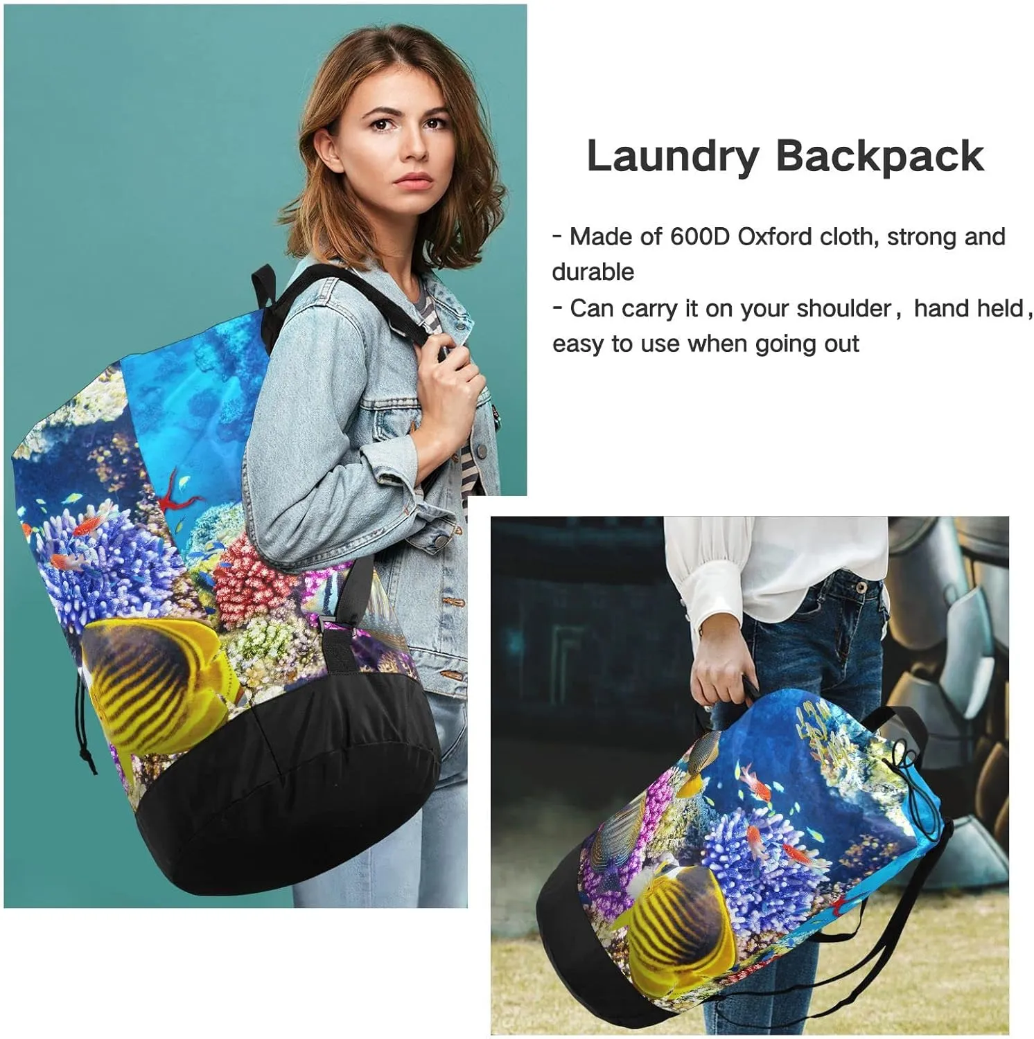 Oyihfvs Blue Underwater World with Corals and Tropical Fishes Backpack Laundry Bag, Laundry Backpack with Shoulder Straps, Waterproof Nylon Clothes Hamper Bag for Men Women Yoga Backpack