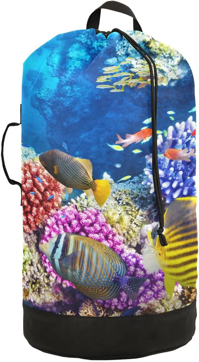 Oyihfvs Blue Underwater World with Corals and Tropical Fishes Backpack Laundry Bag, Laundry Backpack with Shoulder Straps, Waterproof Nylon Clothes Hamper Bag for Men Women Yoga Backpack