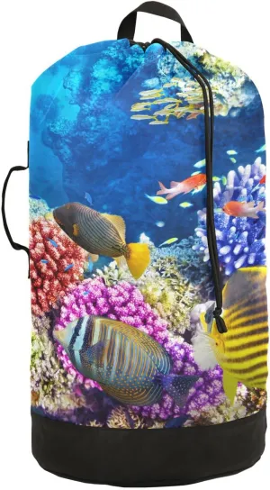 Oyihfvs Blue Underwater World with Corals and Tropical Fishes Backpack Laundry Bag, Laundry Backpack with Shoulder Straps, Waterproof Nylon Clothes Hamper Bag for Men Women Yoga Backpack