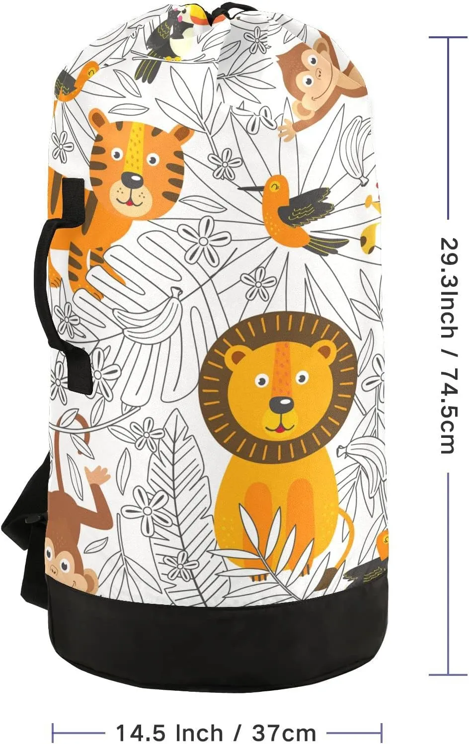 Oyihfvs Cartoon Tropical Animals Lion Giraffe Monkeys Birds on Floral Backpack Laundry Bag, Laundry Backpack with Shoulder Straps, Waterproof Nylon Clothes Hamper Bag for Men Women Yoga Backpack