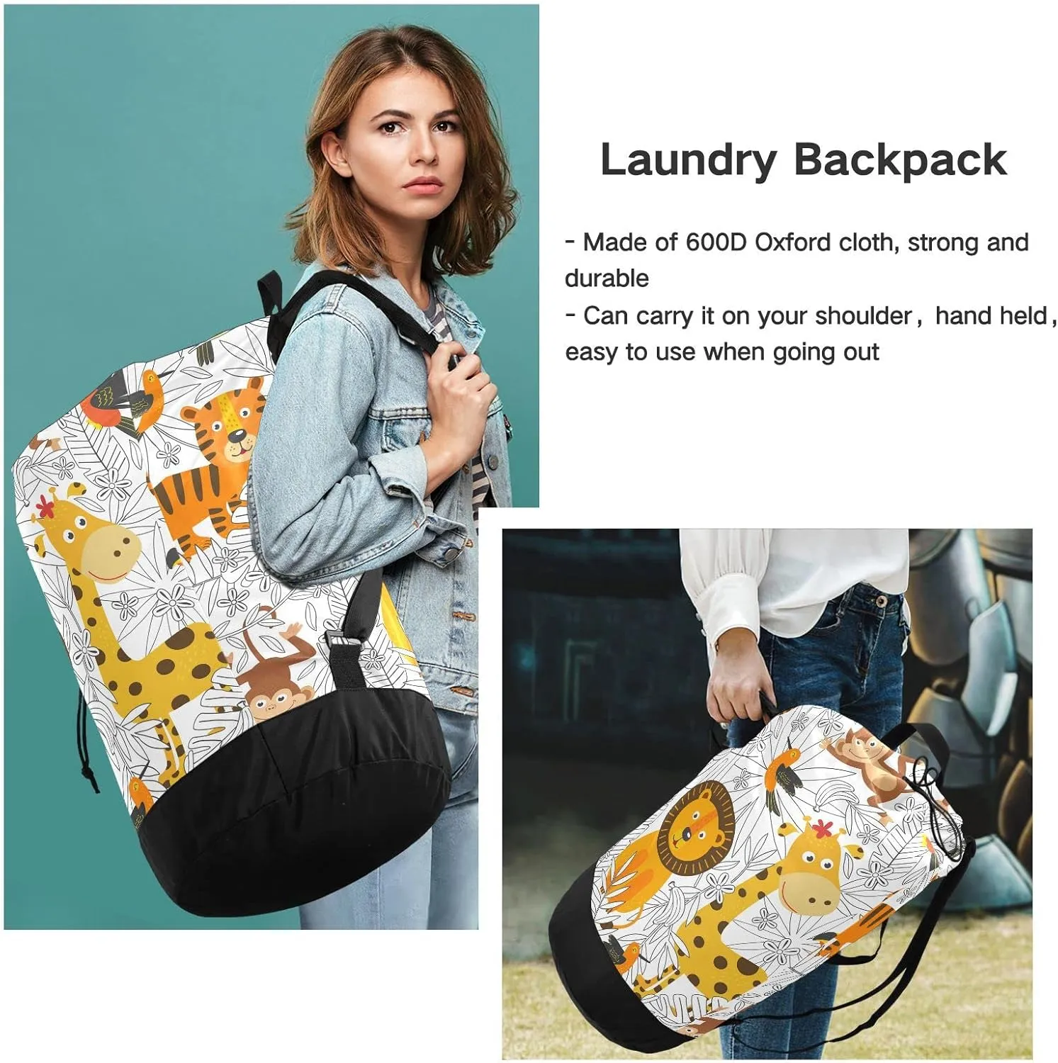 Oyihfvs Cartoon Tropical Animals Lion Giraffe Monkeys Birds on Floral Backpack Laundry Bag, Laundry Backpack with Shoulder Straps, Waterproof Nylon Clothes Hamper Bag for Men Women Yoga Backpack
