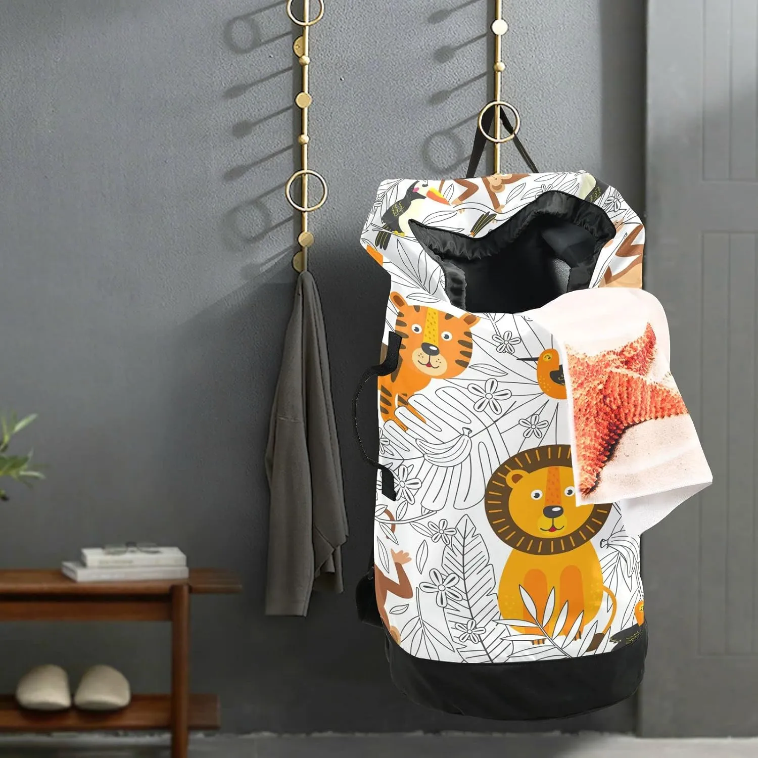 Oyihfvs Cartoon Tropical Animals Lion Giraffe Monkeys Birds on Floral Backpack Laundry Bag, Laundry Backpack with Shoulder Straps, Waterproof Nylon Clothes Hamper Bag for Men Women Yoga Backpack