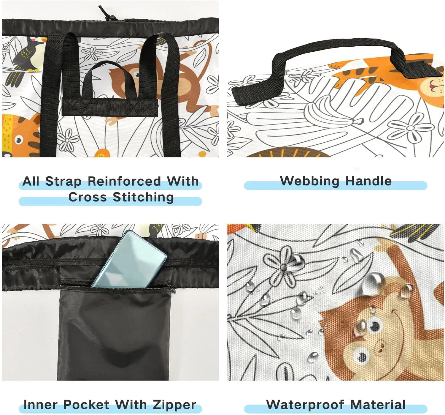 Oyihfvs Cartoon Tropical Animals Lion Giraffe Monkeys Birds on Floral Backpack Laundry Bag, Laundry Backpack with Shoulder Straps, Waterproof Nylon Clothes Hamper Bag for Men Women Yoga Backpack