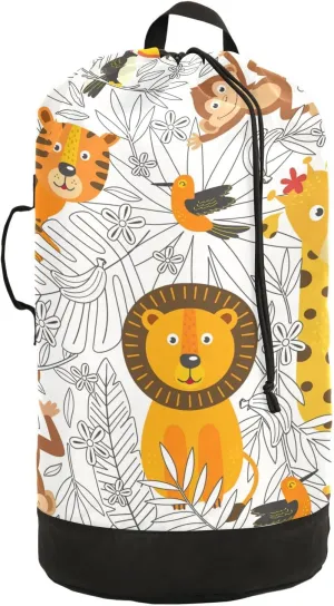 Oyihfvs Cartoon Tropical Animals Lion Giraffe Monkeys Birds on Floral Backpack Laundry Bag, Laundry Backpack with Shoulder Straps, Waterproof Nylon Clothes Hamper Bag for Men Women Yoga Backpack