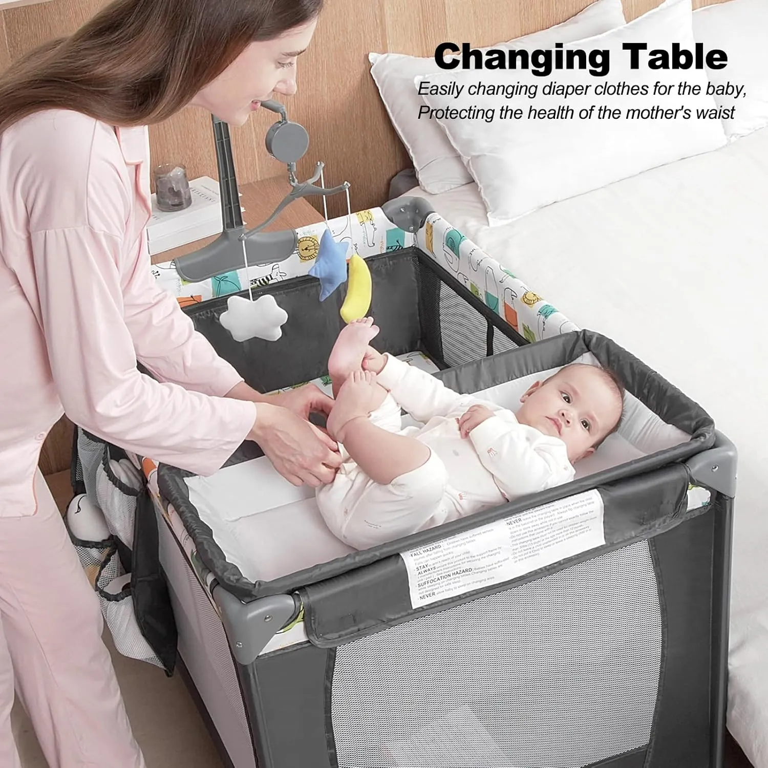 Pack and Play, Baby Bassinet Bedside Sleeper with Diaper Changer, Toddler Playard, Toddler Travel Playpen, Portable Baby Crib with Carry Bag, Easy to Install