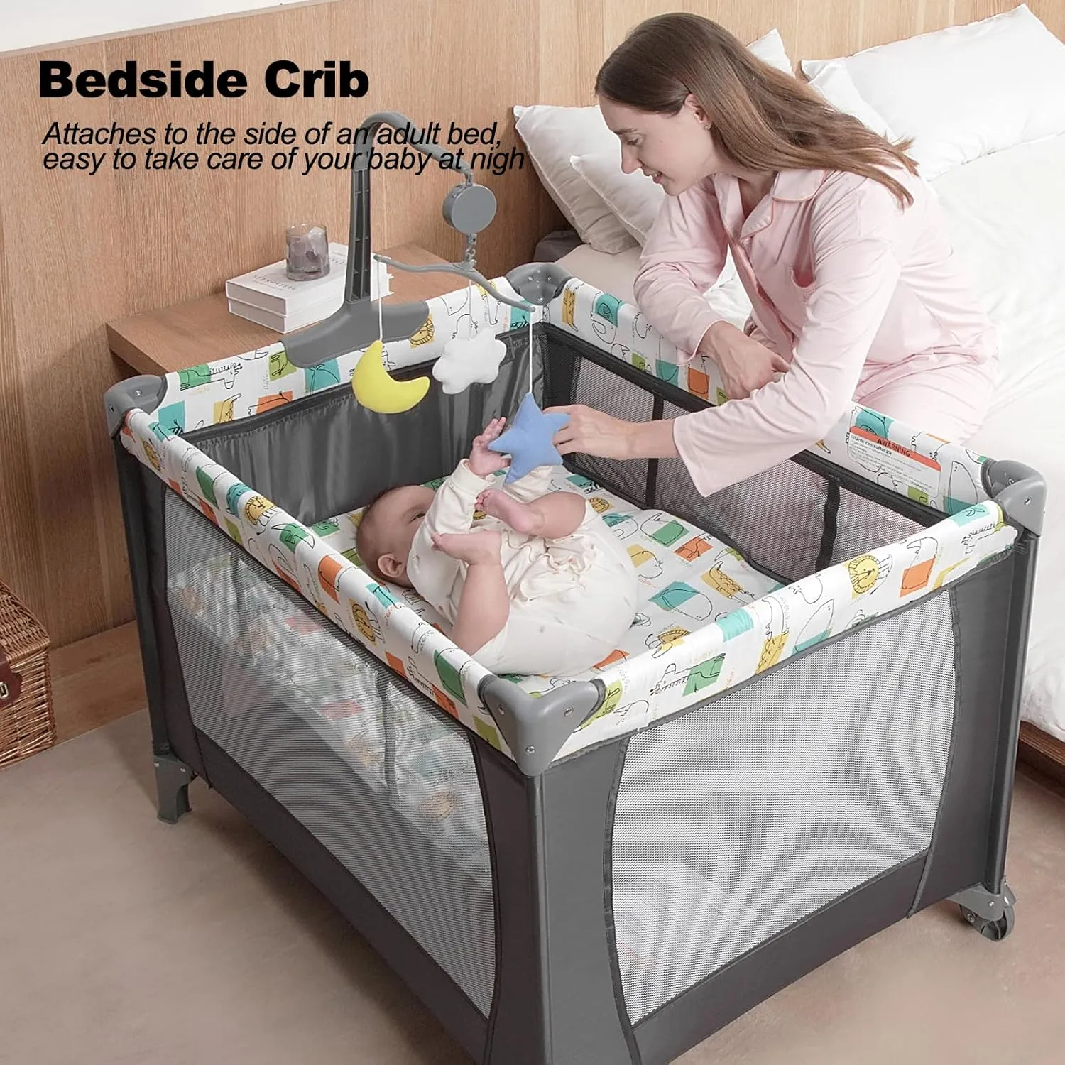 Pack and Play, Baby Bassinet Bedside Sleeper with Diaper Changer, Toddler Playard, Toddler Travel Playpen, Portable Baby Crib with Carry Bag, Easy to Install