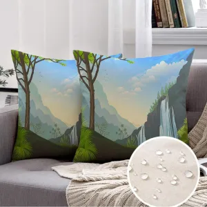 Pack of 2 Waterproof Linen Decorative Square Throw Pillow Cover Foliage Exotic Waterfall Mountain Range Hiking Nature Parks Outdoor Snow Design Tourism Peaceful Cushion Covers for Chair 16x16 Inch