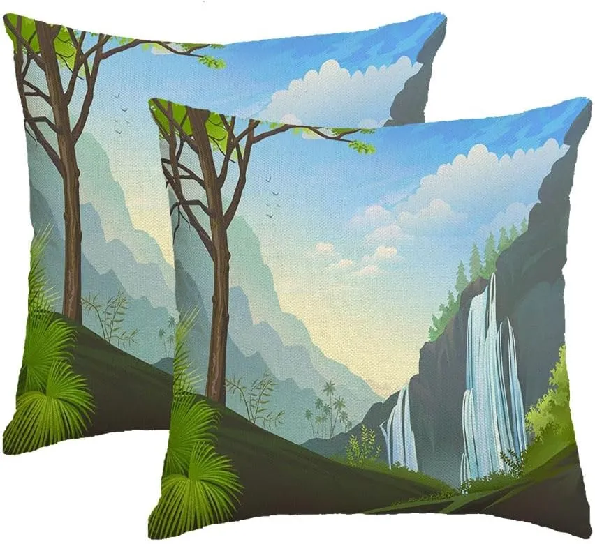 Pack of 2 Waterproof Linen Decorative Square Throw Pillow Cover Foliage Exotic Waterfall Mountain Range Hiking Nature Parks Outdoor Snow Design Tourism Peaceful Cushion Covers for Chair 16x16 Inch
