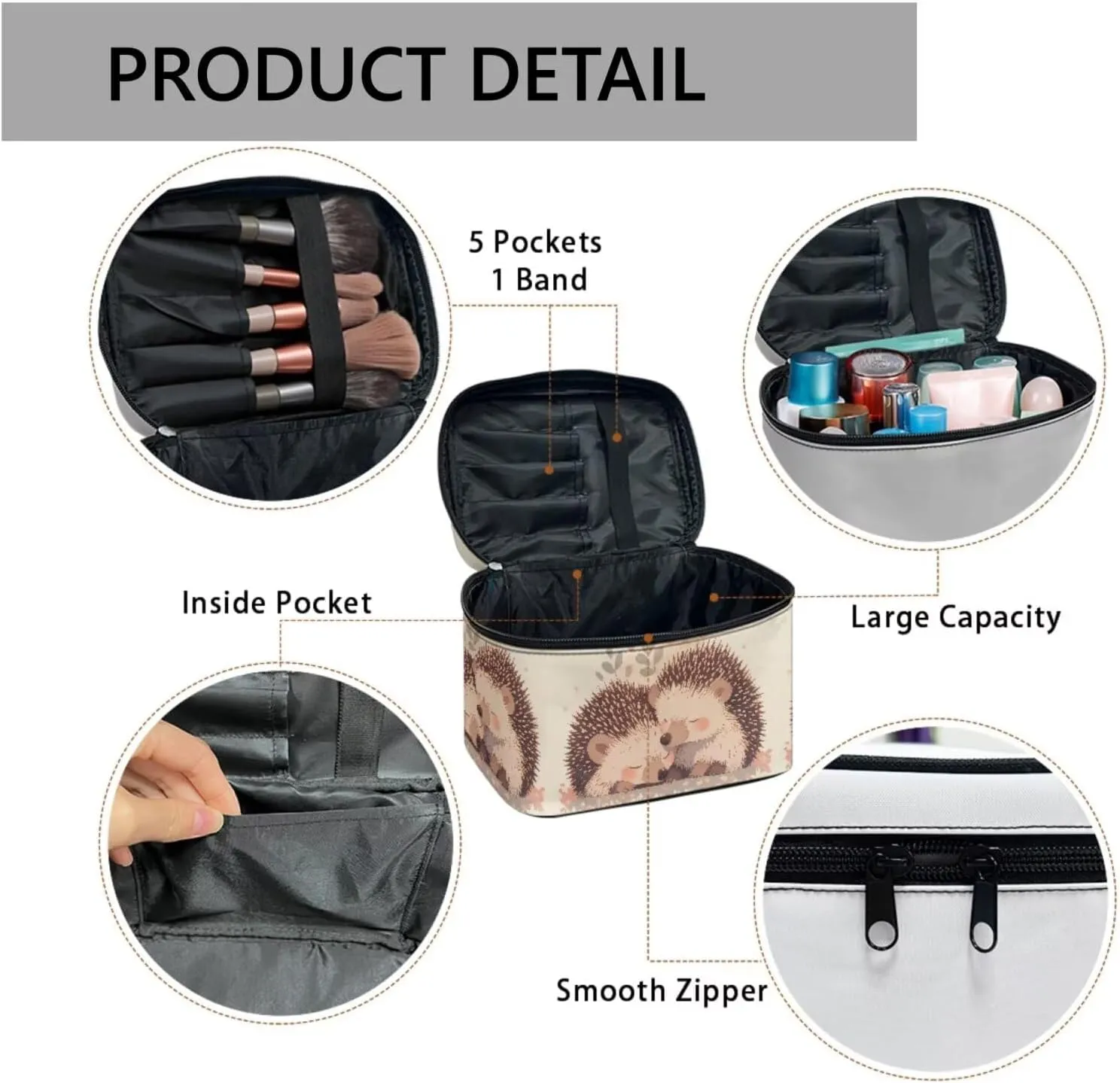 Painting Hedgehogs Print Makeup Bag Travel Cosmetic Bag for Women, Cute Animal Couple Printed Portable Travel Bag for Toiletries Makeup Box