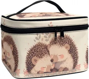 Painting Hedgehogs Print Makeup Bag Travel Cosmetic Bag for Women, Cute Animal Couple Printed Portable Travel Bag for Toiletries Makeup Box