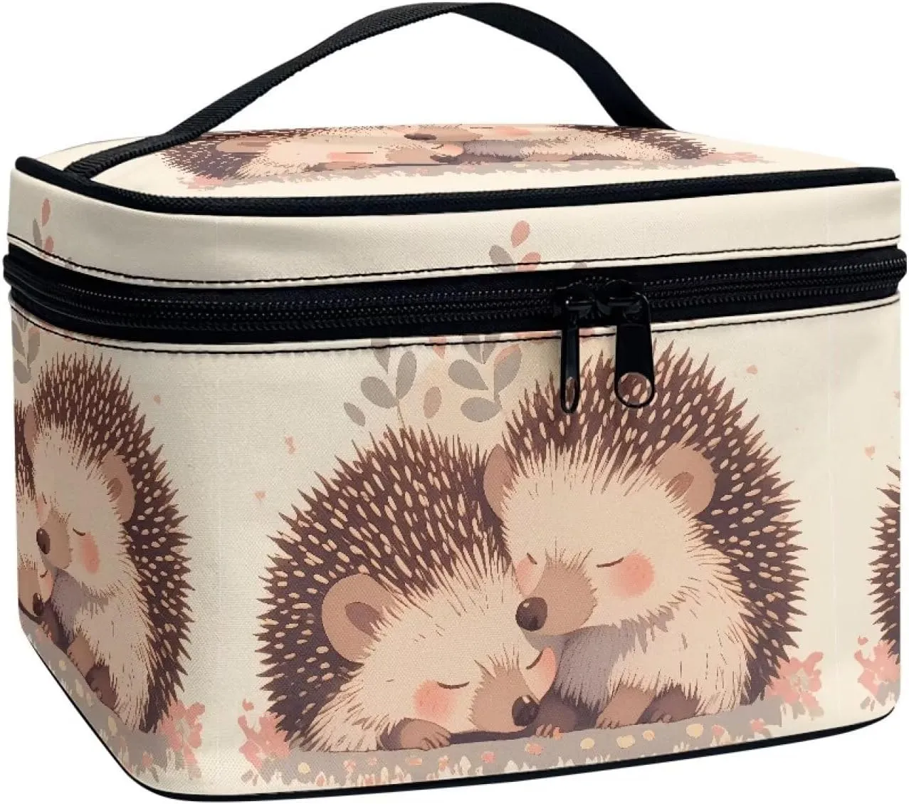 Painting Hedgehogs Print Makeup Bag Travel Cosmetic Bag for Women, Cute Animal Couple Printed Portable Travel Bag for Toiletries Makeup Box