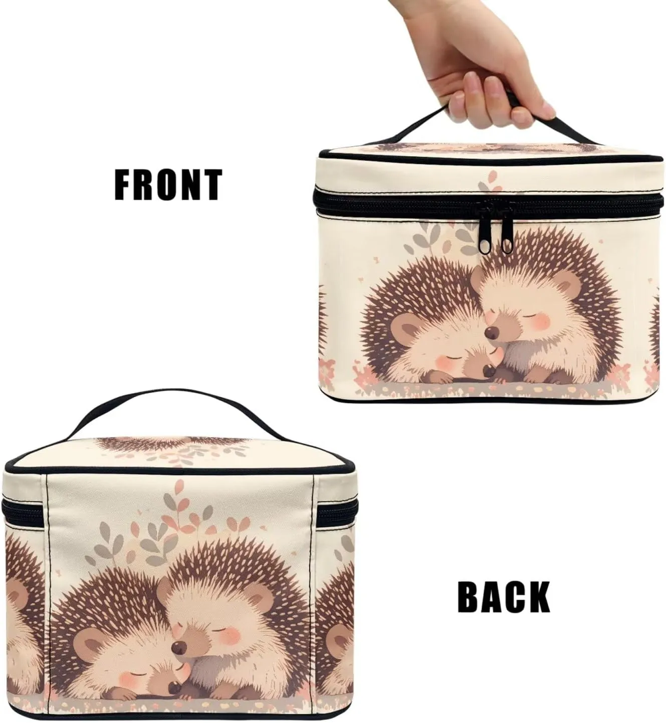 Painting Hedgehogs Print Makeup Bag Travel Cosmetic Bag for Women, Cute Animal Couple Printed Portable Travel Bag for Toiletries Makeup Box