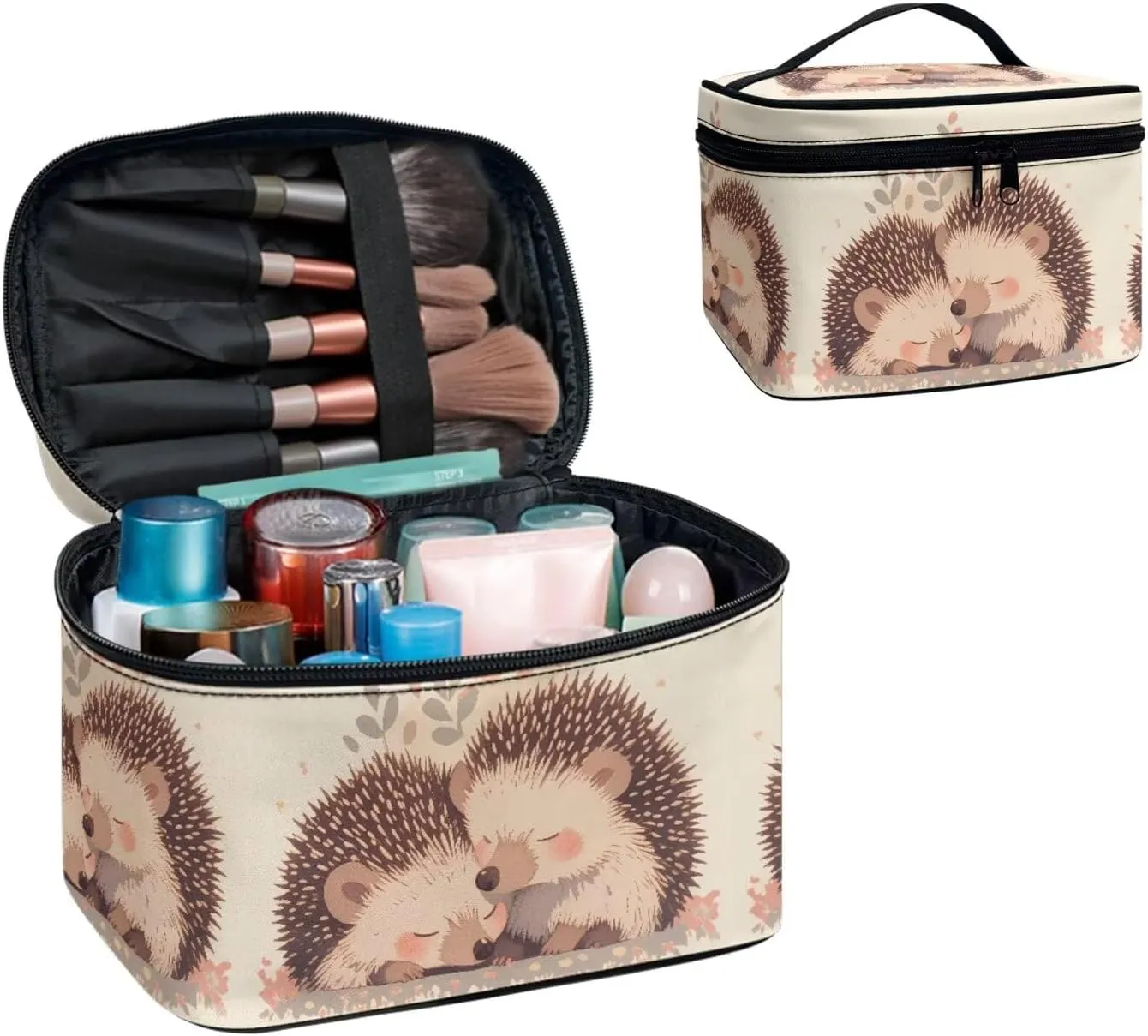 Painting Hedgehogs Print Makeup Bag Travel Cosmetic Bag for Women, Cute Animal Couple Printed Portable Travel Bag for Toiletries Makeup Box