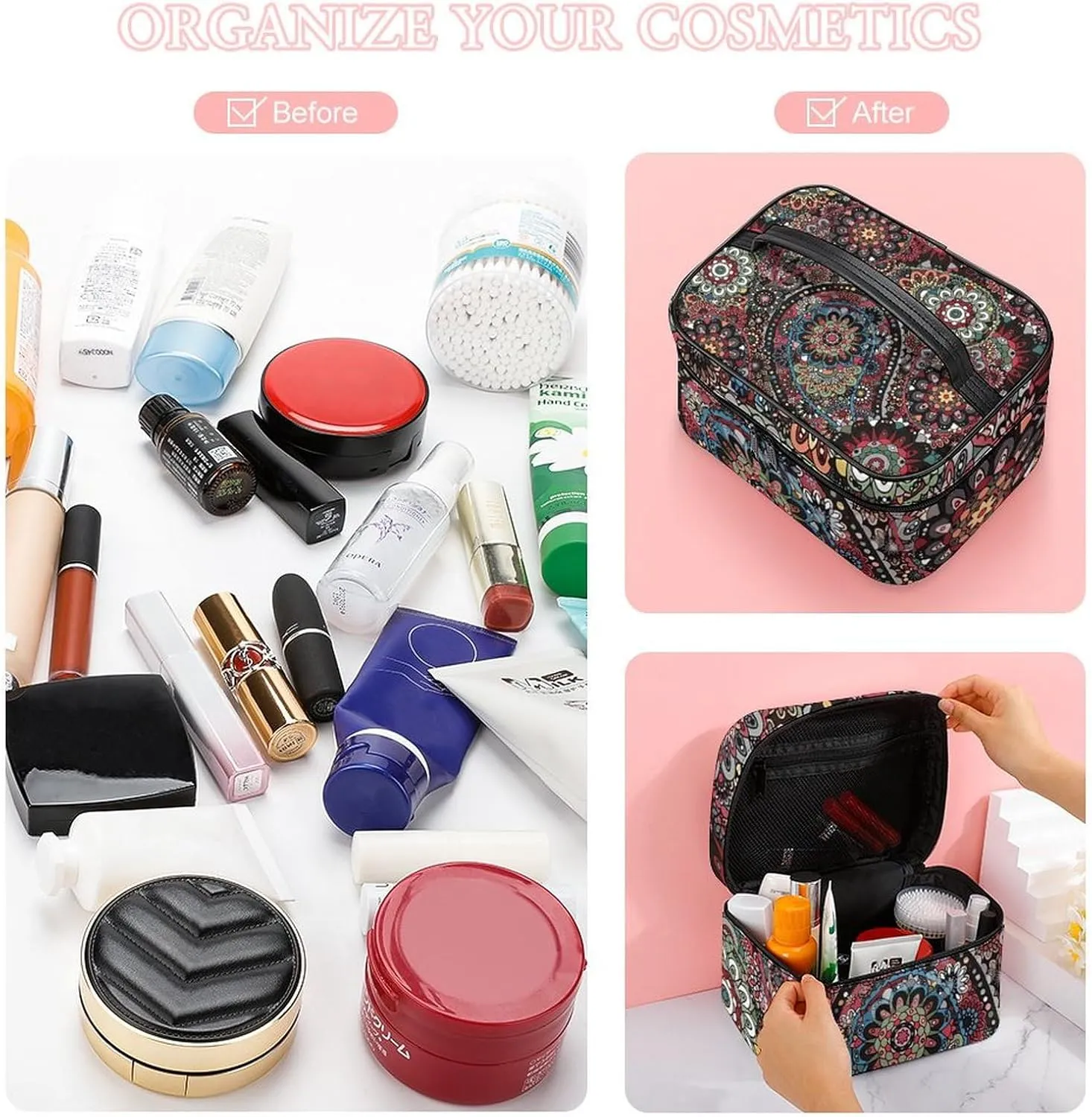 Paisley Boho Style Portable Large Capacity Portable Makeup Bag with Zipper