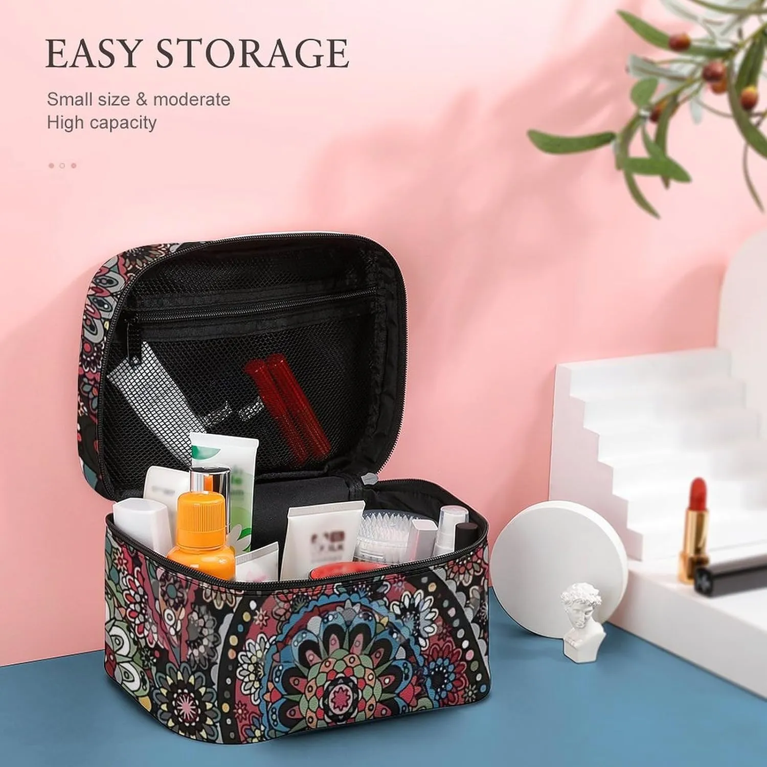 Paisley Boho Style Portable Large Capacity Portable Makeup Bag with Zipper