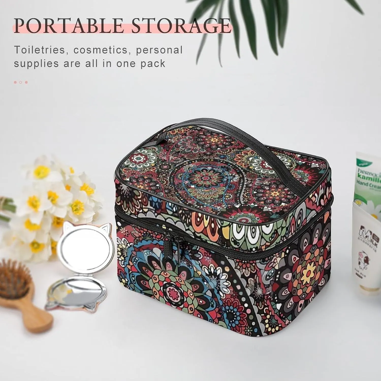 Paisley Boho Style Portable Large Capacity Portable Makeup Bag with Zipper