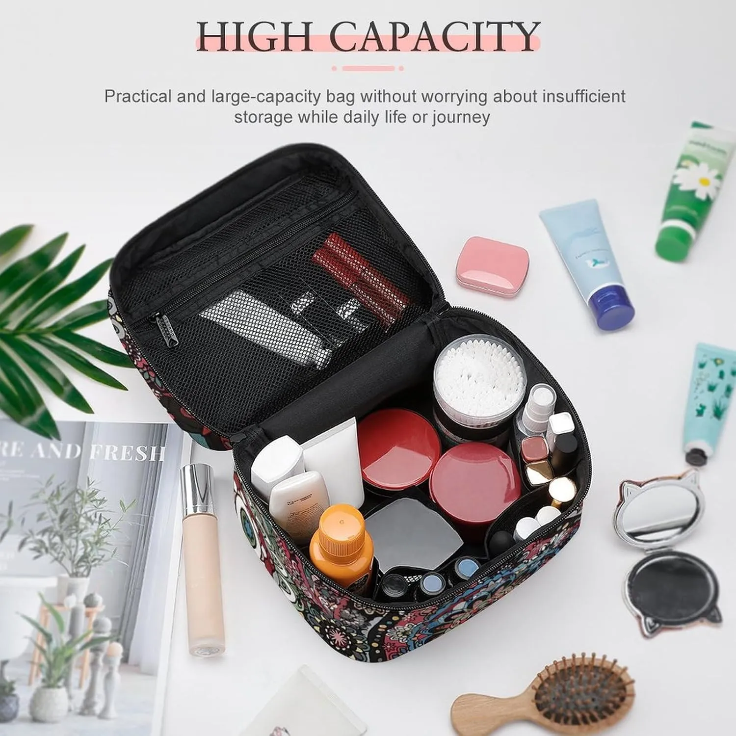 Paisley Boho Style Portable Large Capacity Portable Makeup Bag with Zipper