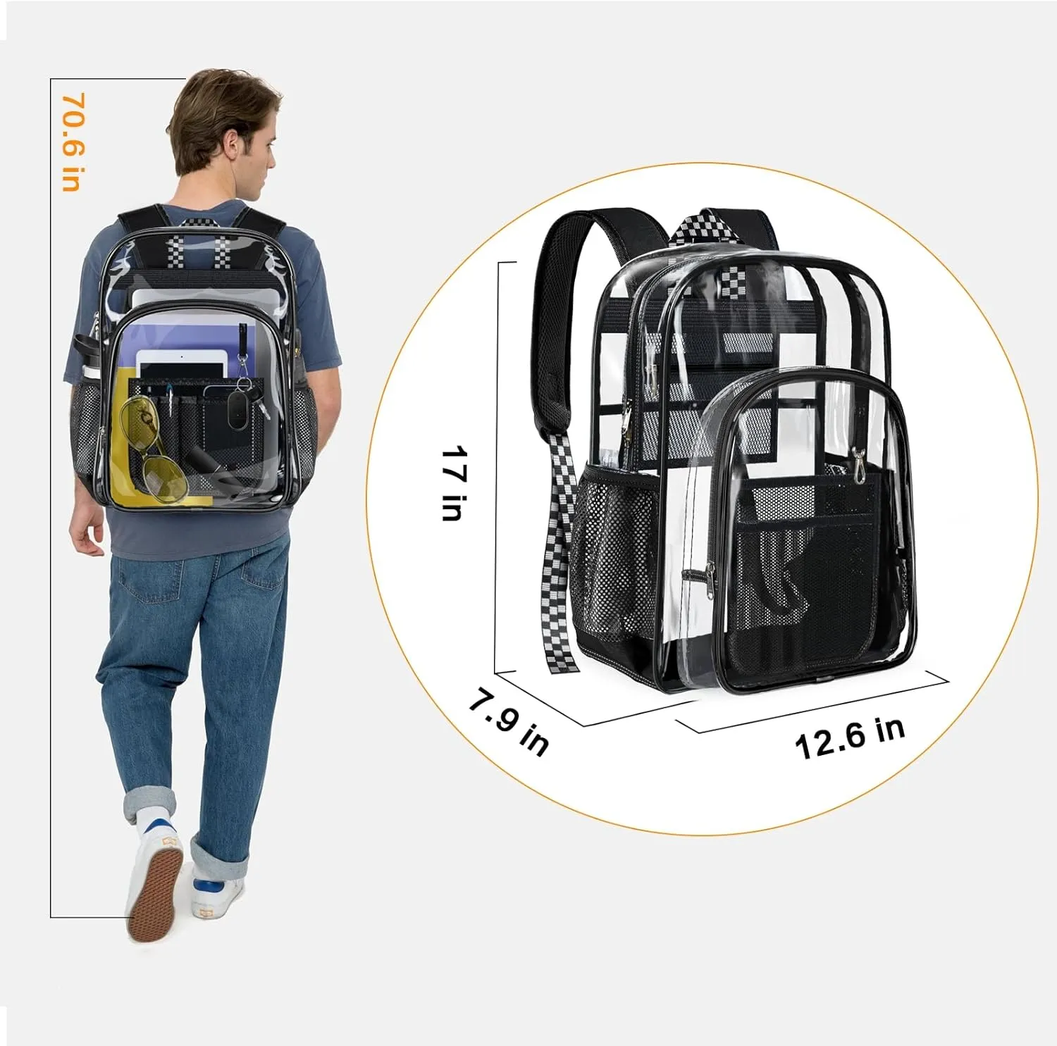 PAMANO Clear Backpack Transparent Heavy Duty Bookbag See Through Bag for College Work Travel Security, Jet-black