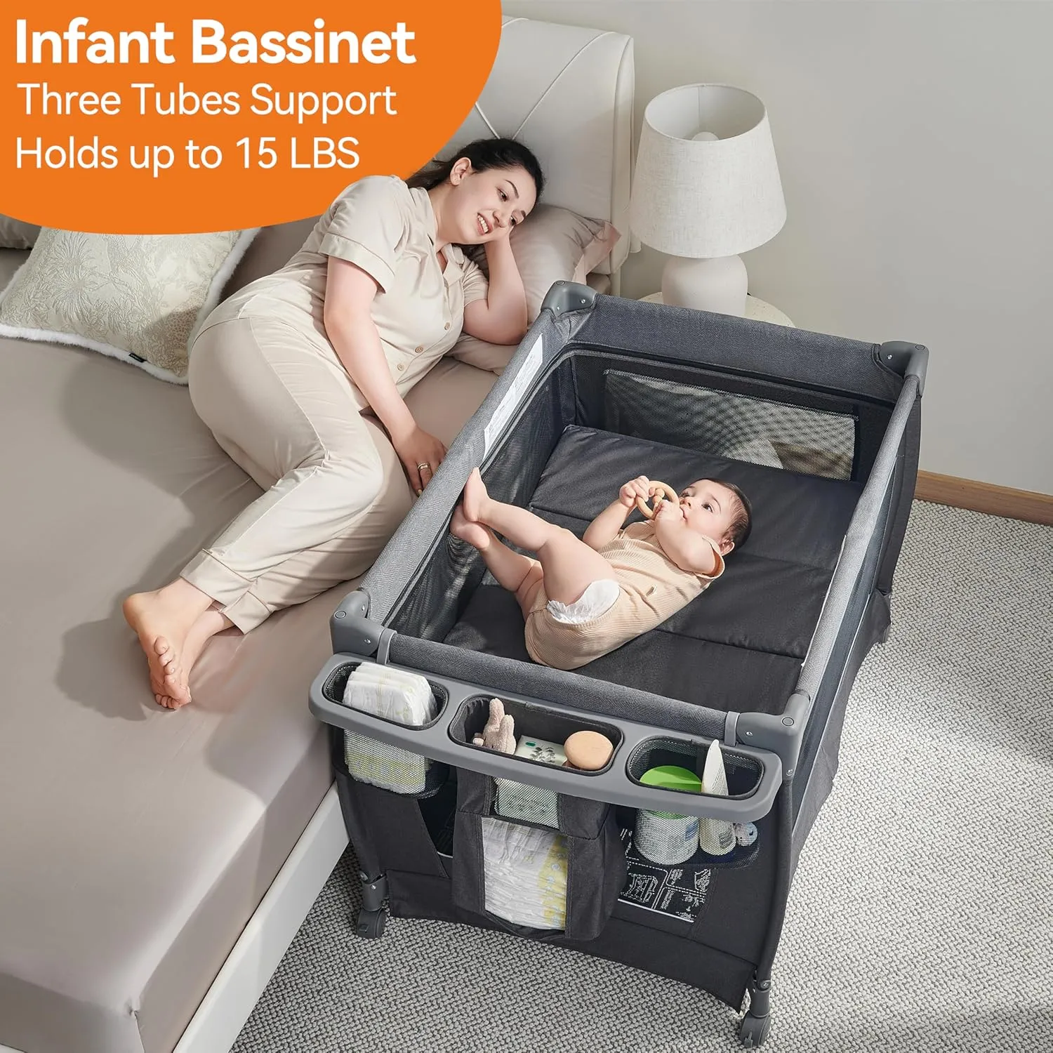 Pamo Babe 1-Second Setup 4-in-1 Playard for Babies - Heavy-Duty Steel Frame for Safe Sleep Space, Portable Crib with Changing Table, Locking Wheels, Breathable Mesh