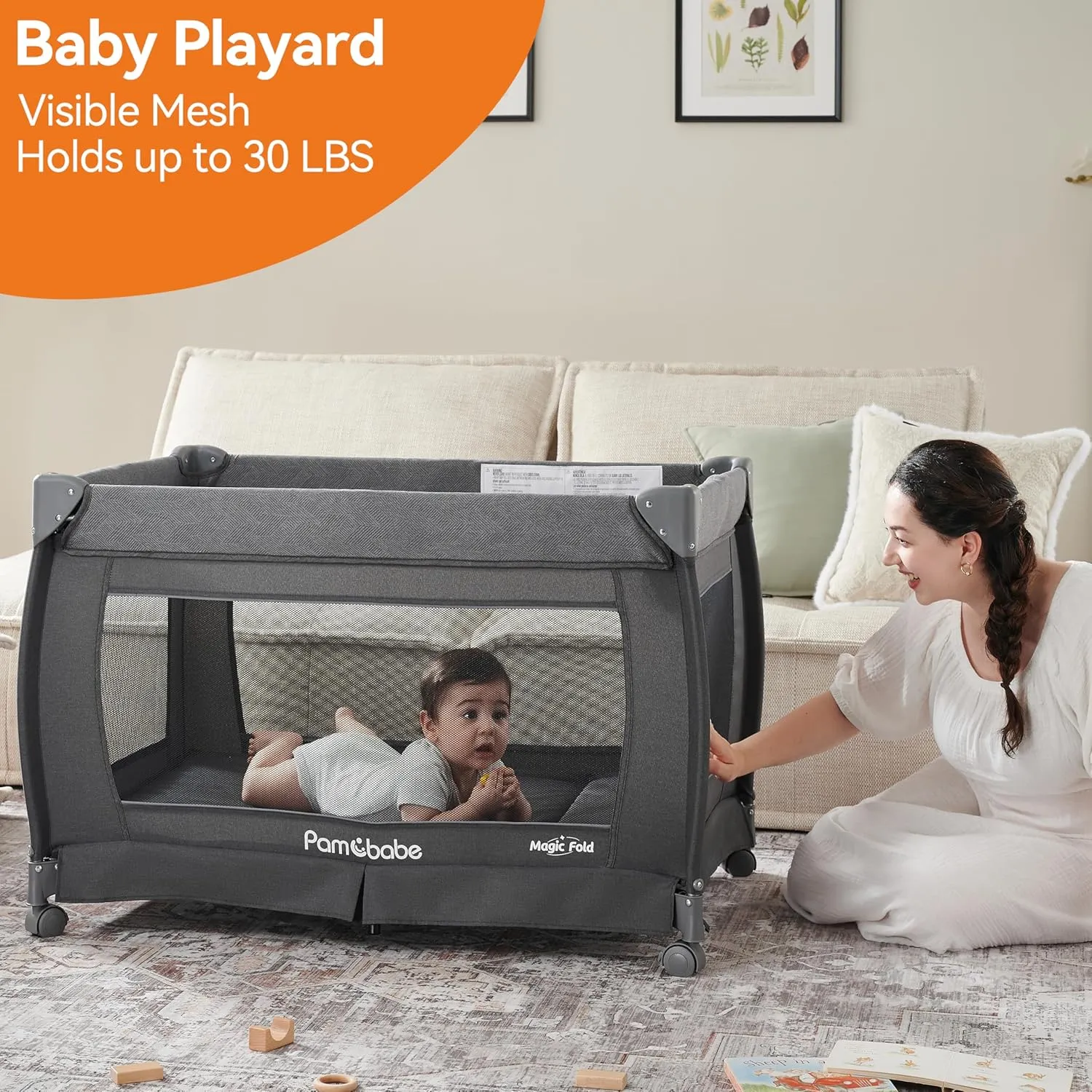 Pamo Babe 1-Second Setup 4-in-1 Playard for Babies - Heavy-Duty Steel Frame for Safe Sleep Space, Portable Crib with Changing Table, Locking Wheels, Breathable Mesh