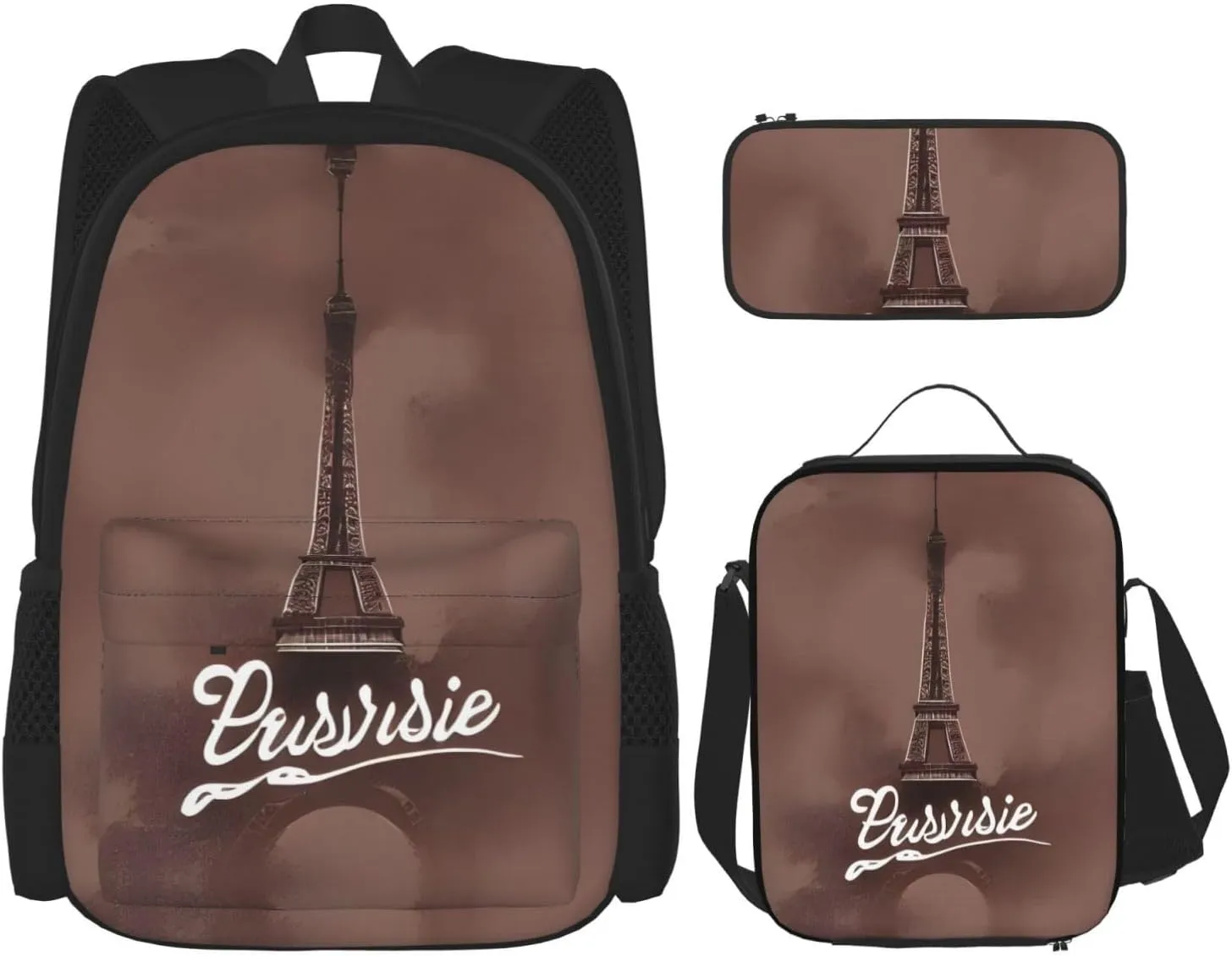 Parisian Coffee Eiffel Tower Print Stylish Travel Backpack And Lunch Box Set,600d Oxford Fabric,With Insulated Lunch Bag