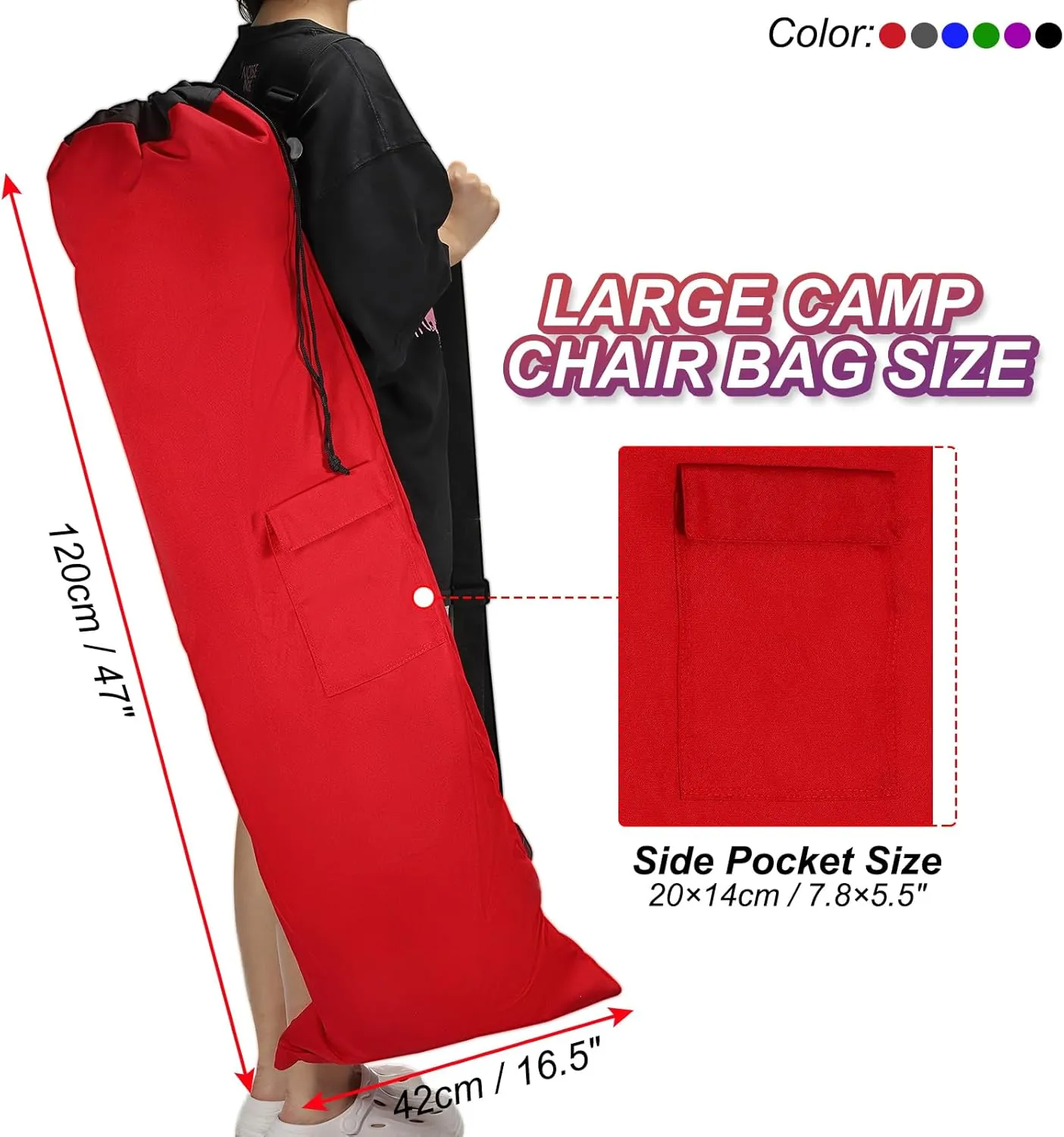 PATIKIL 47 Inch Camp Chair Replacement Bag, Foldable Camping Chair Bag 900D Oxford Large Mouth Carry Bag with Adjustable Shoulder Strap & Side Pocket for Outdoor Camping, Black