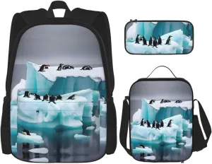 Penguins On The Iceberg Print 3 In 1 Set With Lunch Box Pencil Bag Backpack Set Computer Bag Casual For Gym Beach Travel