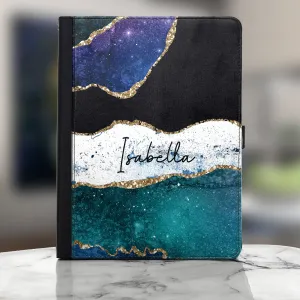 Personalised Huawei Universal Leather Tablet Case With Blue Strip Marble