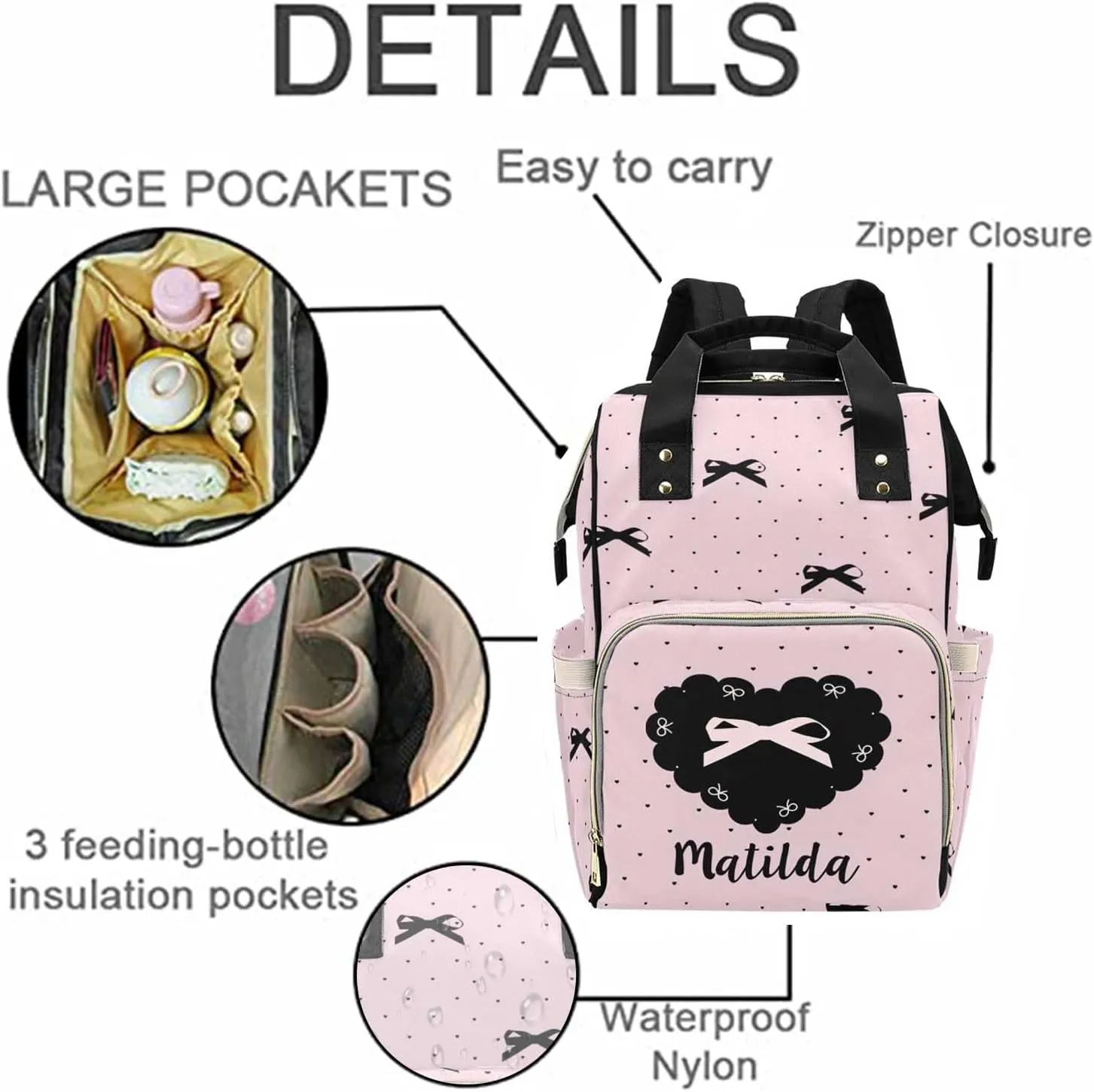 Personalized Baby Diaper Bag Backpack for Women, Custom Name Nursing Mommy Daypack, Diaper Bag for Girls Boys, New Mom Gifts (Bow)