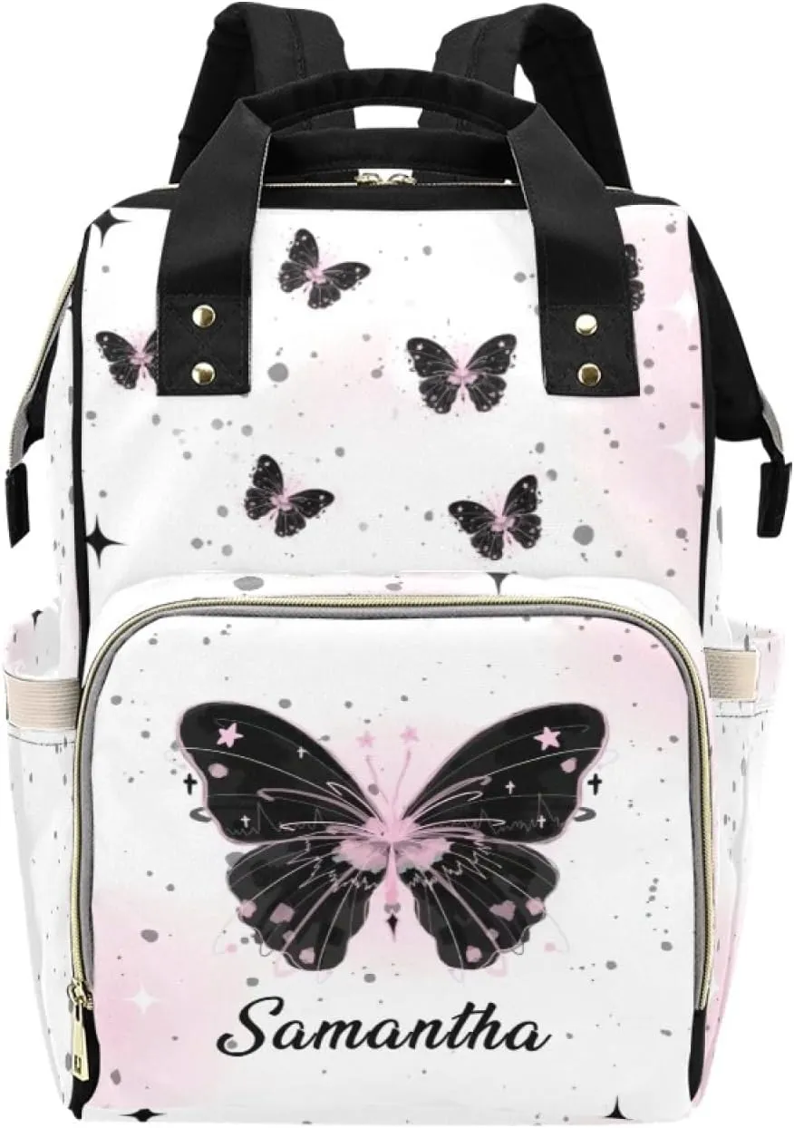 Personalized Baby Diaper Bag Backpack for Women, Custom Name Nursing Mommy Daypack, Diaper Bag for Girls Boys, New Mom Gifts (Butterfly Black)