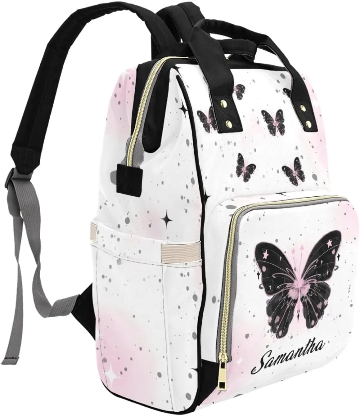 Personalized Baby Diaper Bag Backpack for Women, Custom Name Nursing Mommy Daypack, Diaper Bag for Girls Boys, New Mom Gifts (Butterfly Black)