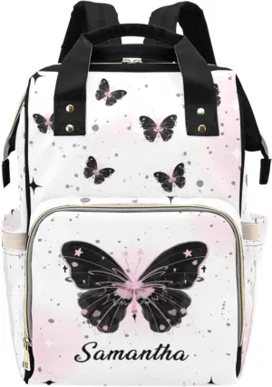 Personalized Baby Diaper Bag Backpack for Women, Custom Name Nursing Mommy Daypack, Diaper Bag for Girls Boys, New Mom Gifts (Butterfly Black)