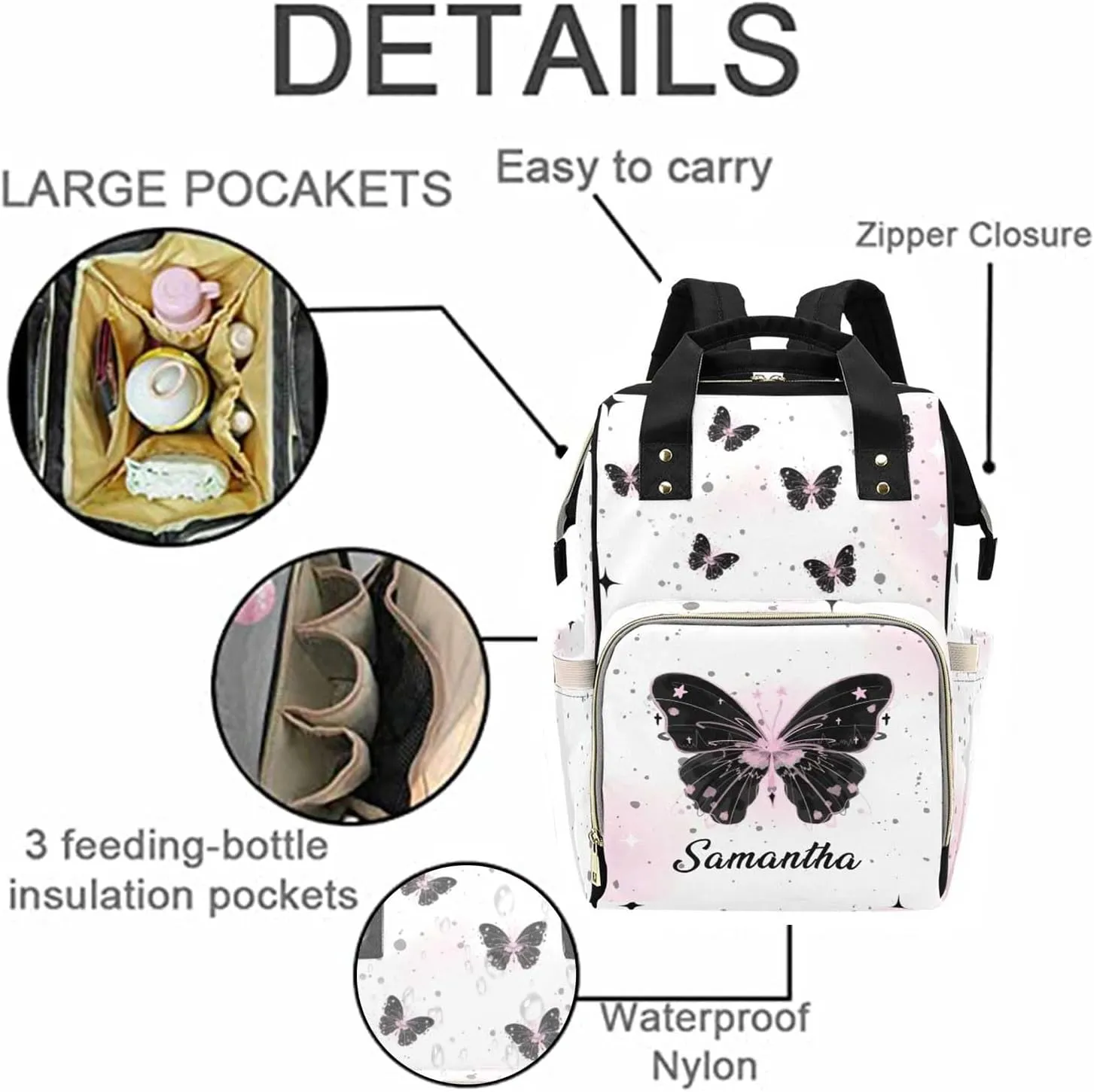 Personalized Baby Diaper Bag Backpack for Women, Custom Name Nursing Mommy Daypack, Diaper Bag for Girls Boys, New Mom Gifts (Butterfly Black)