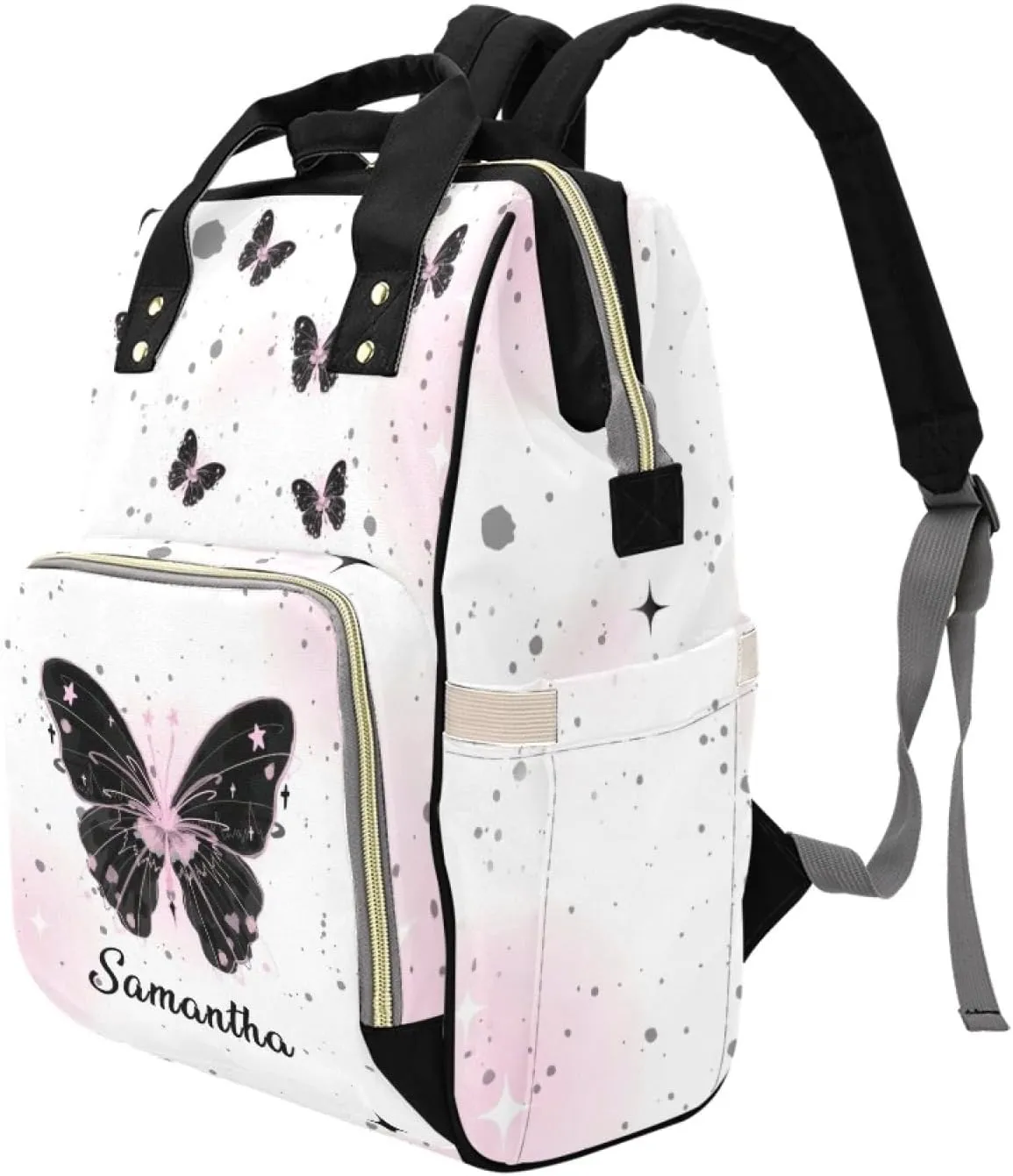 Personalized Baby Diaper Bag Backpack for Women, Custom Name Nursing Mommy Daypack, Diaper Bag for Girls Boys, New Mom Gifts (Butterfly Black)