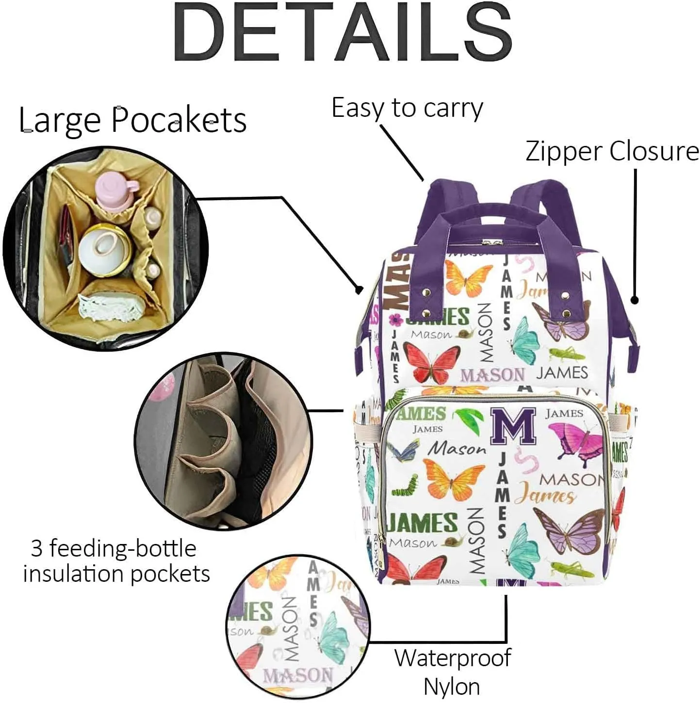 Personalized Diaper Bag Backpack for Women, Custom Name Nursing Mommy Daypack, Diaper Bag for Girls Boys, New Mom Gifts (Colorful Butterfly)