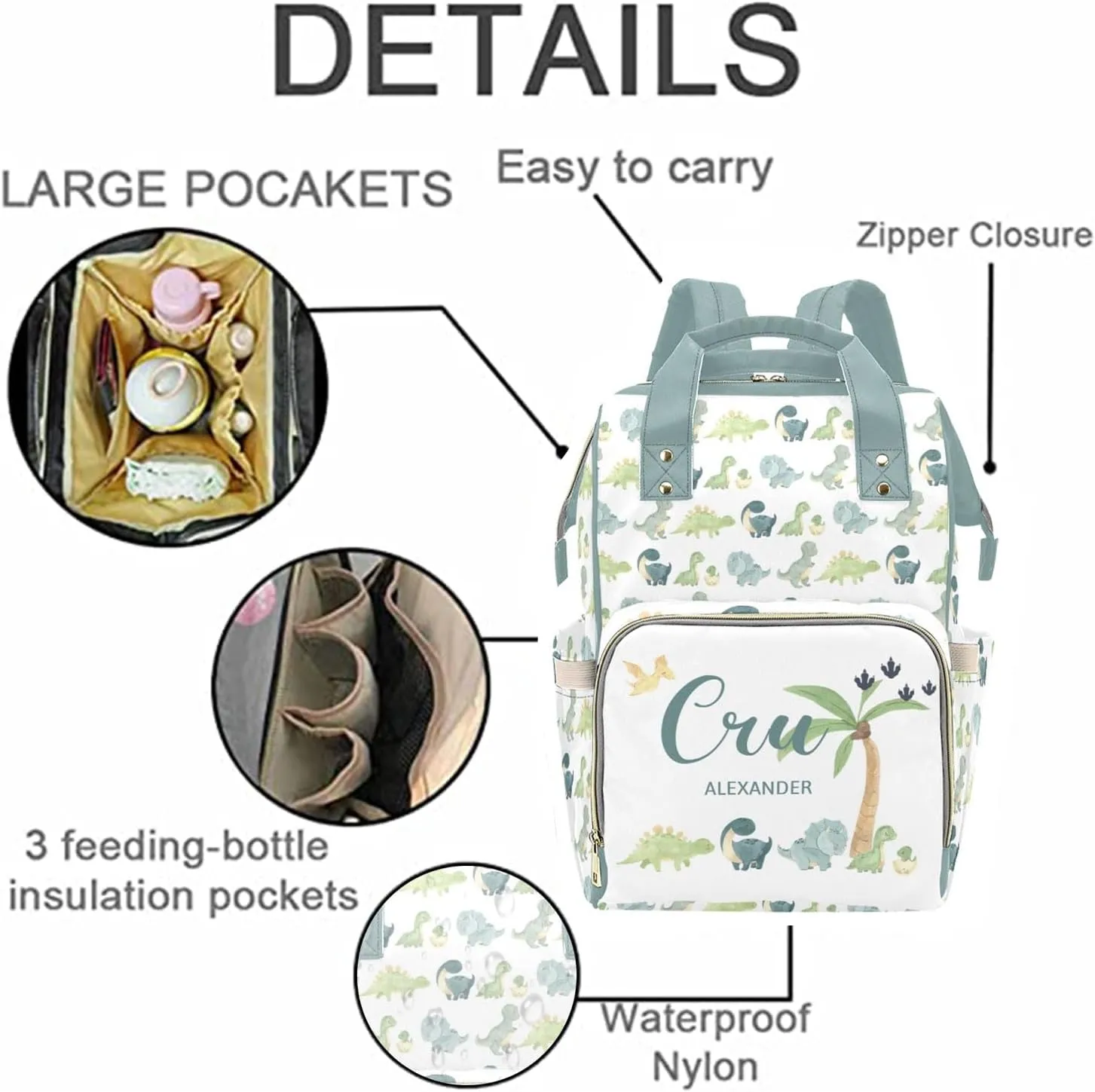 Personalized Diaper Bag Backpack for Women, Custom Name Nursing Mommy Daypack, Diaper Bag for Girls Boys, New Mom Gifts (Dinosaur)