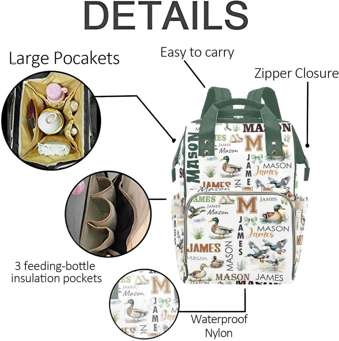 Personalized Diaper Bag Backpack for Women, Custom Name Nursing Mommy Daypack, Diaper Bag for Girls Boys, New Mom Gifts (Mallard Ducks)