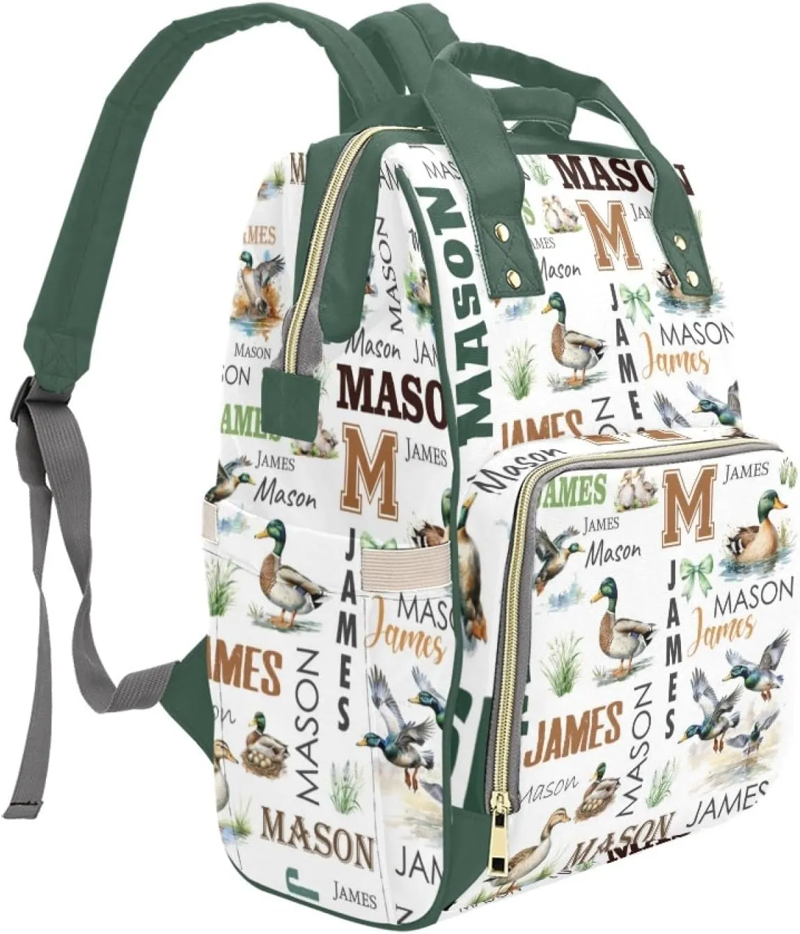 Personalized Diaper Bag Backpack for Women, Custom Name Nursing Mommy Daypack, Diaper Bag for Girls Boys, New Mom Gifts (Mallard Ducks)