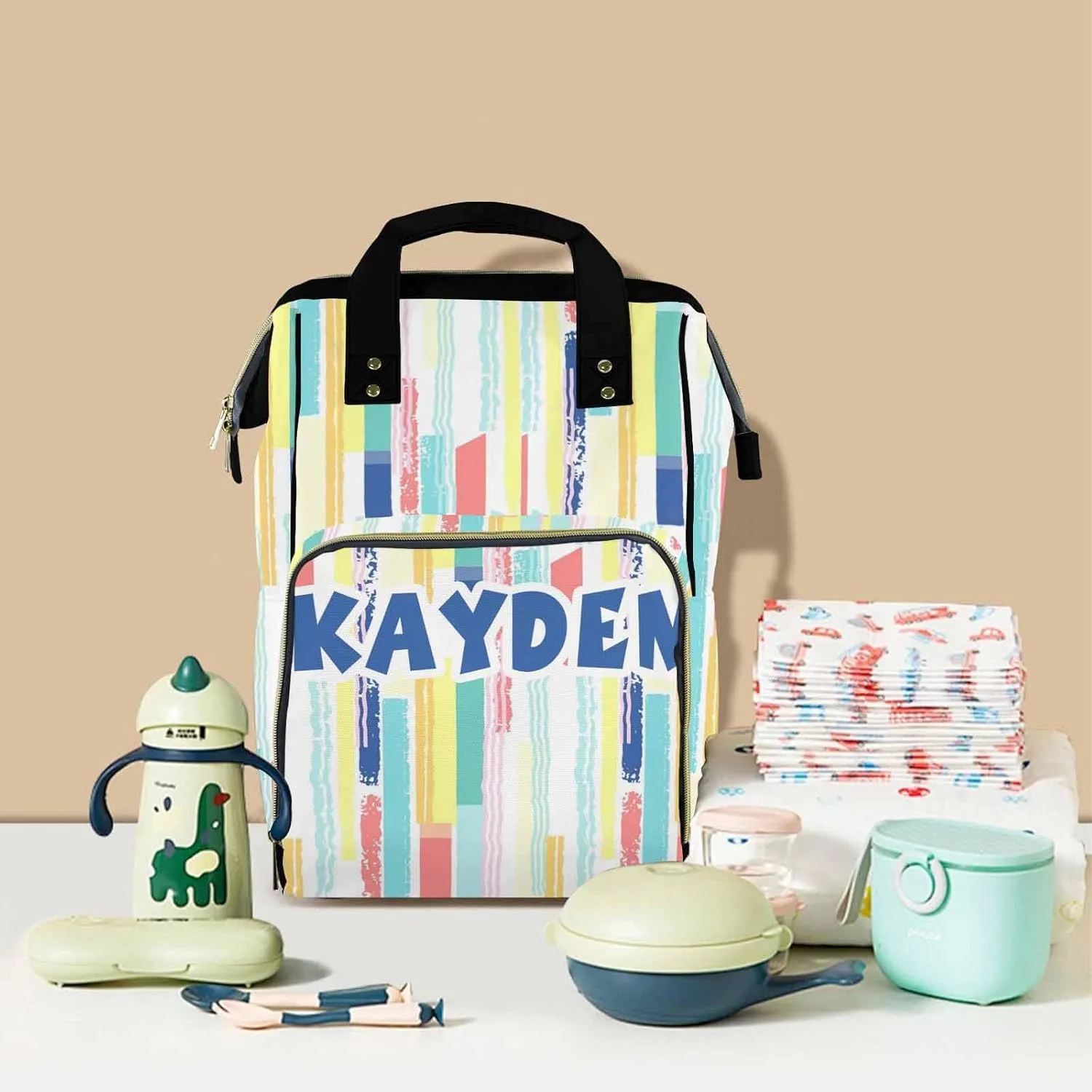 Personalized Diaper Bag Backpack with Name, Fun Doodle Custom Monogram Backpack Travel Outdoor Mommy Baby Bag, Customized Gift for Newborn Baby Boys Girls Father's Day Mother's Day Christmas Birthday