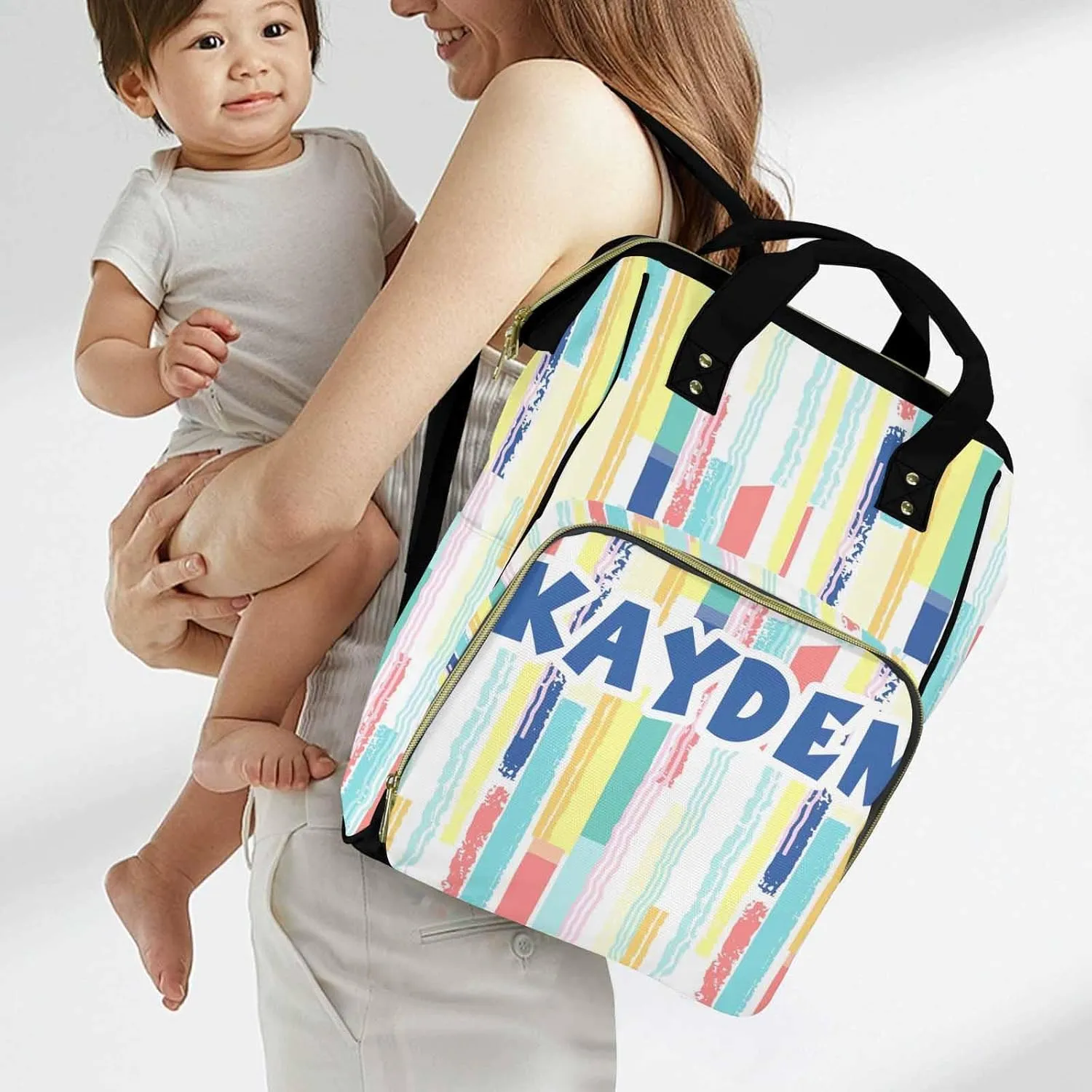 Personalized Diaper Bag Backpack with Name, Fun Doodle Custom Monogram Backpack Travel Outdoor Mommy Baby Bag, Customized Gift for Newborn Baby Boys Girls Father's Day Mother's Day Christmas Birthday