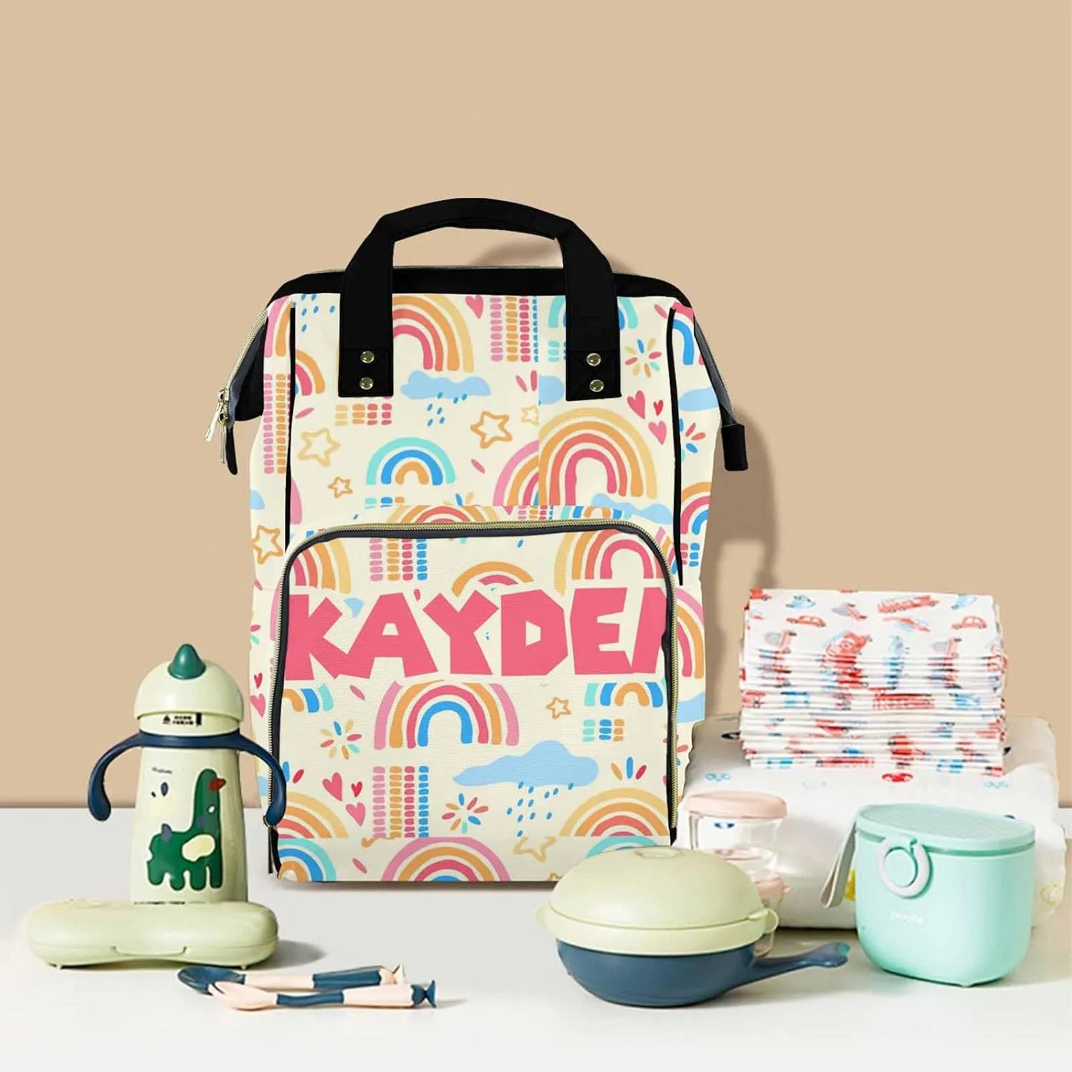 Personalized Diaper Bag Backpack with Name Rainbow Pattern Custom Monogram Backpack Travel Outdoor Mommy Bag Customized Gift for Newborn Baby Boys & Girls Father's Day Mother's Day Christmas Birthday