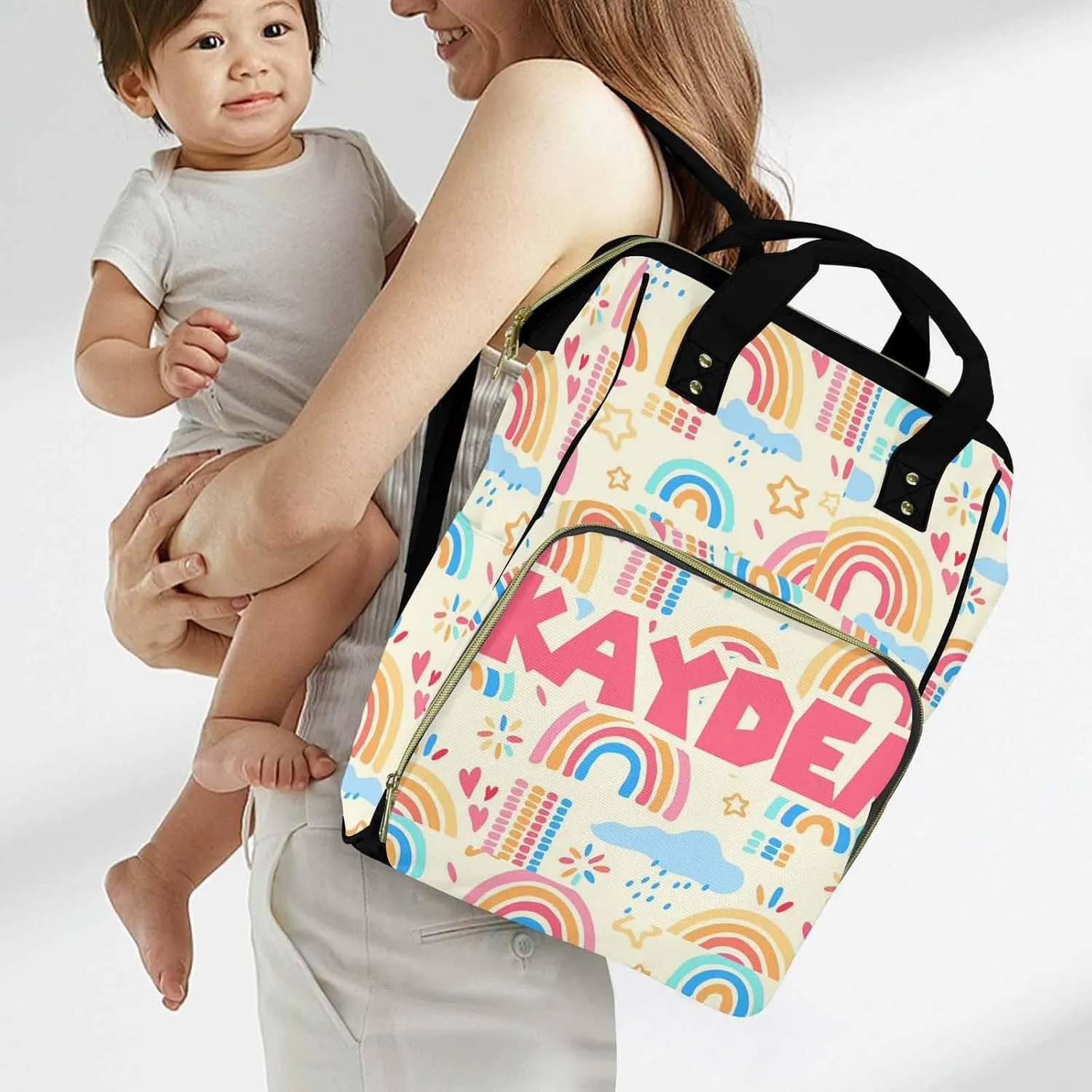 Personalized Diaper Bag Backpack with Name Rainbow Pattern Custom Monogram Backpack Travel Outdoor Mommy Bag Customized Gift for Newborn Baby Boys & Girls Father's Day Mother's Day Christmas Birthday