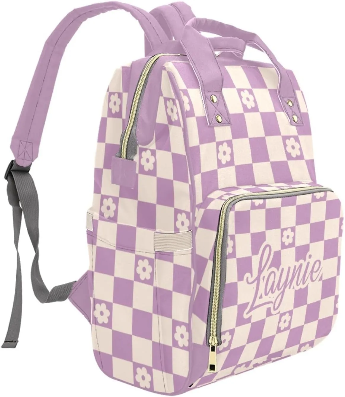 Personalized Diaper Bag Mommy Bag with Name, Multi-function Shoulders Backpack for Newborn Baby Girls, Customized Plaid Nappy Backpack with Thermal Pockets Nursing Bags for New Mom