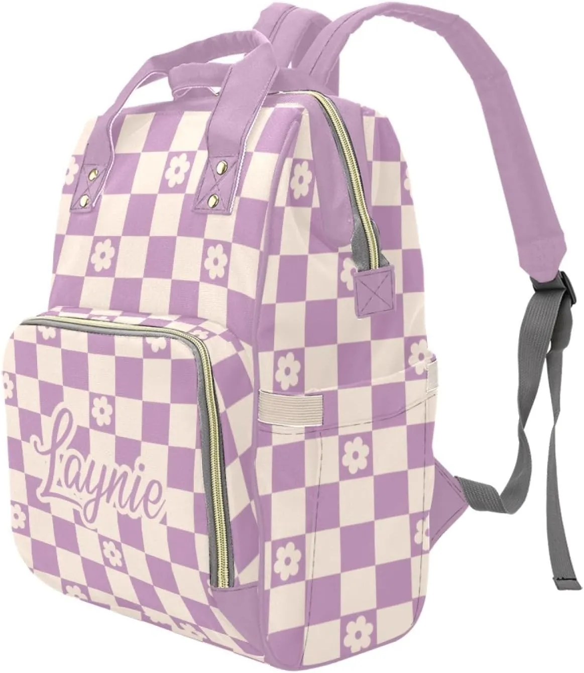 Personalized Diaper Bag Mommy Bag with Name, Multi-function Shoulders Backpack for Newborn Baby Girls, Customized Plaid Nappy Backpack with Thermal Pockets Nursing Bags for New Mom
