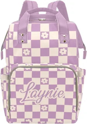 Personalized Diaper Bag Mommy Bag with Name, Multi-function Shoulders Backpack for Newborn Baby Girls, Customized Plaid Nappy Backpack with Thermal Pockets Nursing Bags for New Mom